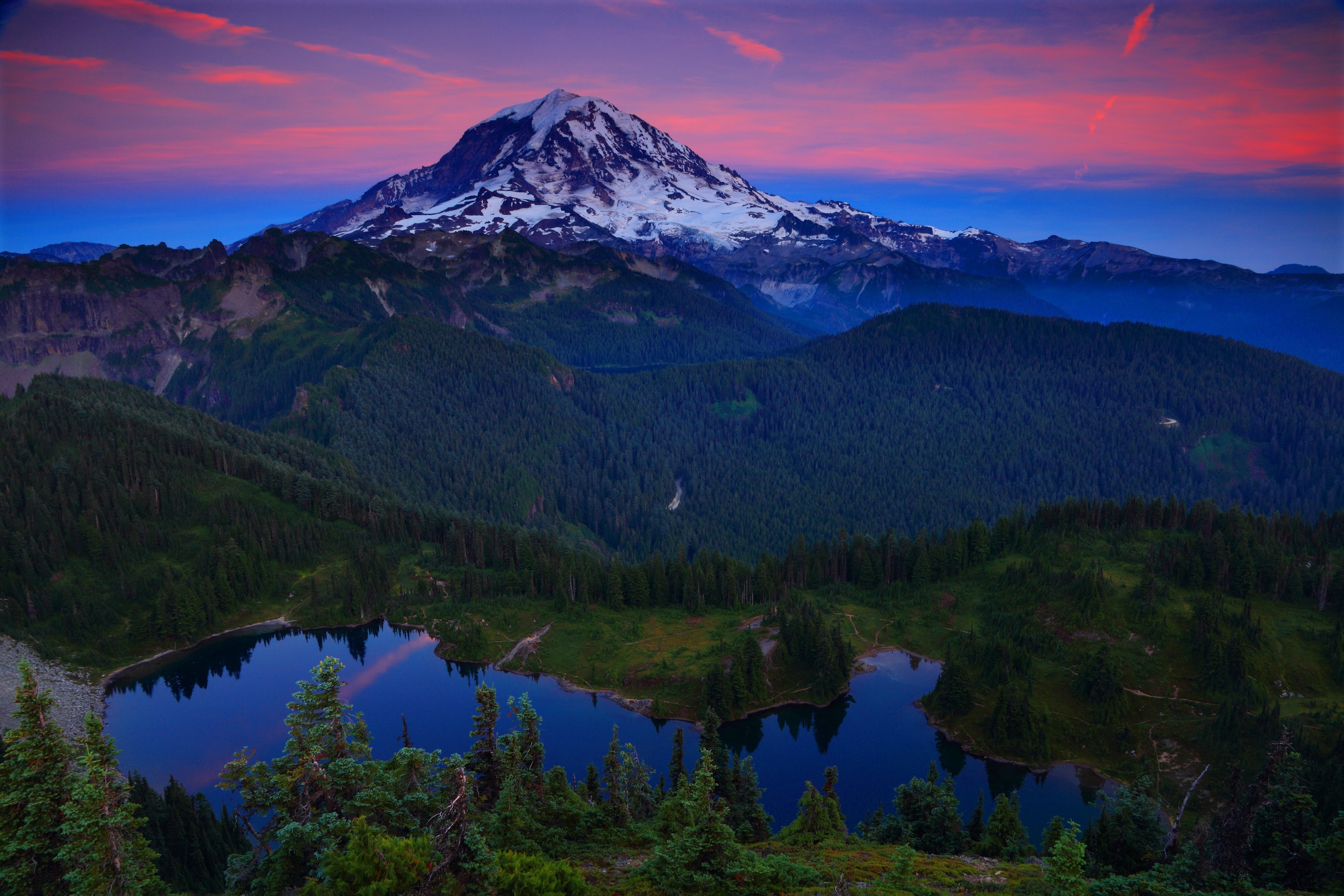 Mount Rainier Washington Volcano Lake Forest Red Sky Orange Sky Sunset Sunrise Landscape Mountains 2960x1973