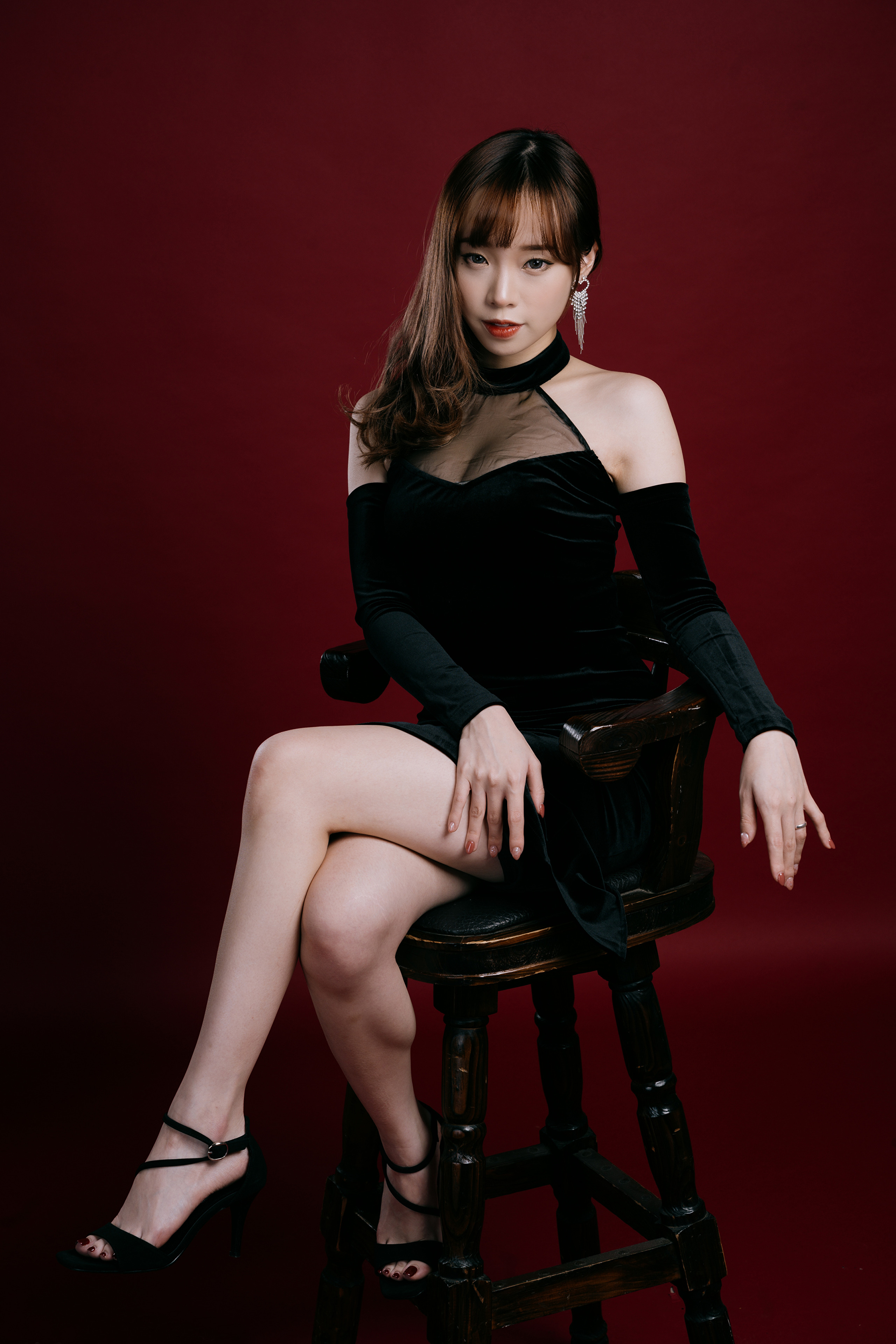 Asian Model Women Long Hair Dark Hair Red Background Barefoot Sandal Heels Sitting Black Dress Paint 2560x3840