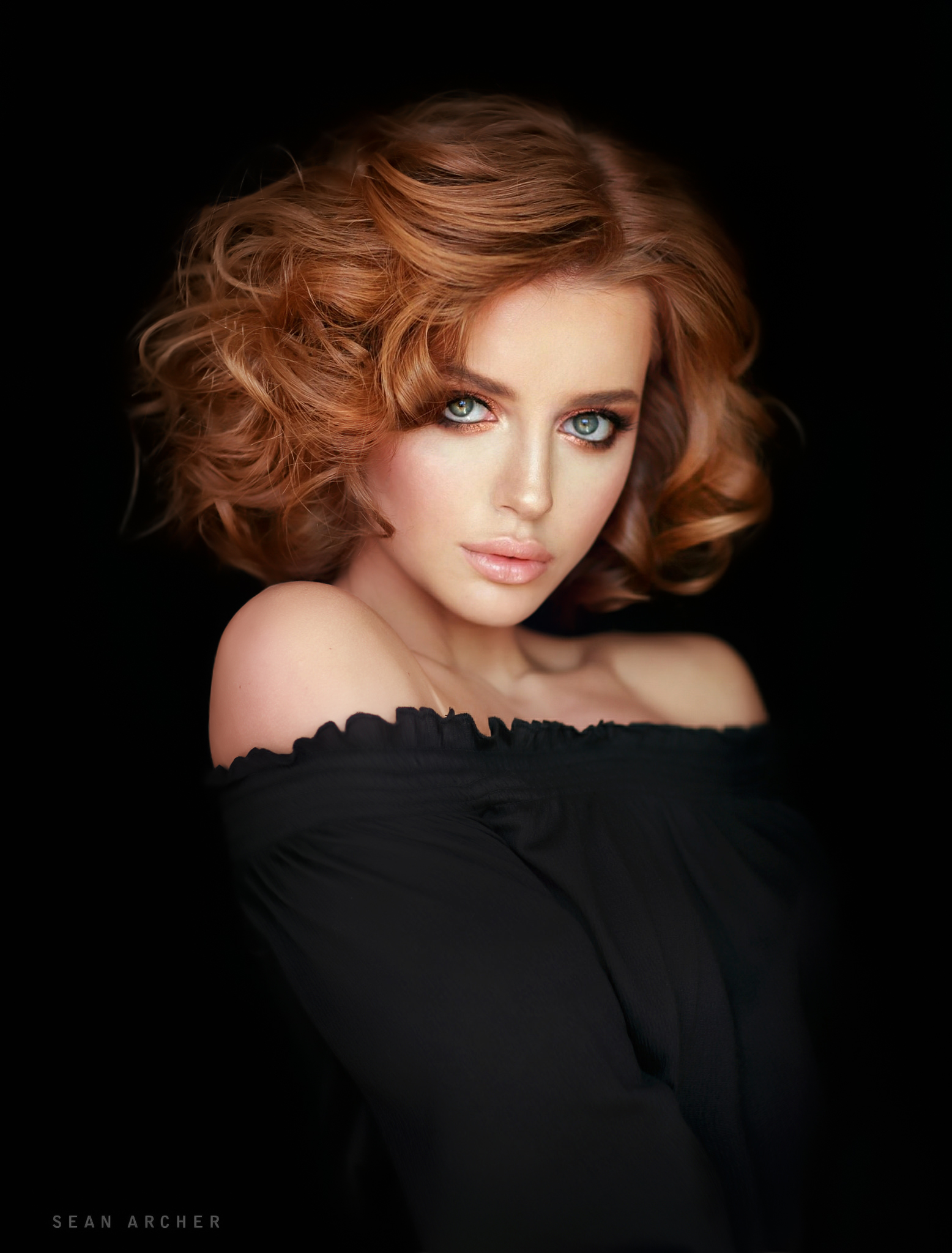 Women Redhead Curly Hair Looking At Viewer Blue Eyes Makeup Lip Gloss Bare Shoulders Black Clothing  1556x2048