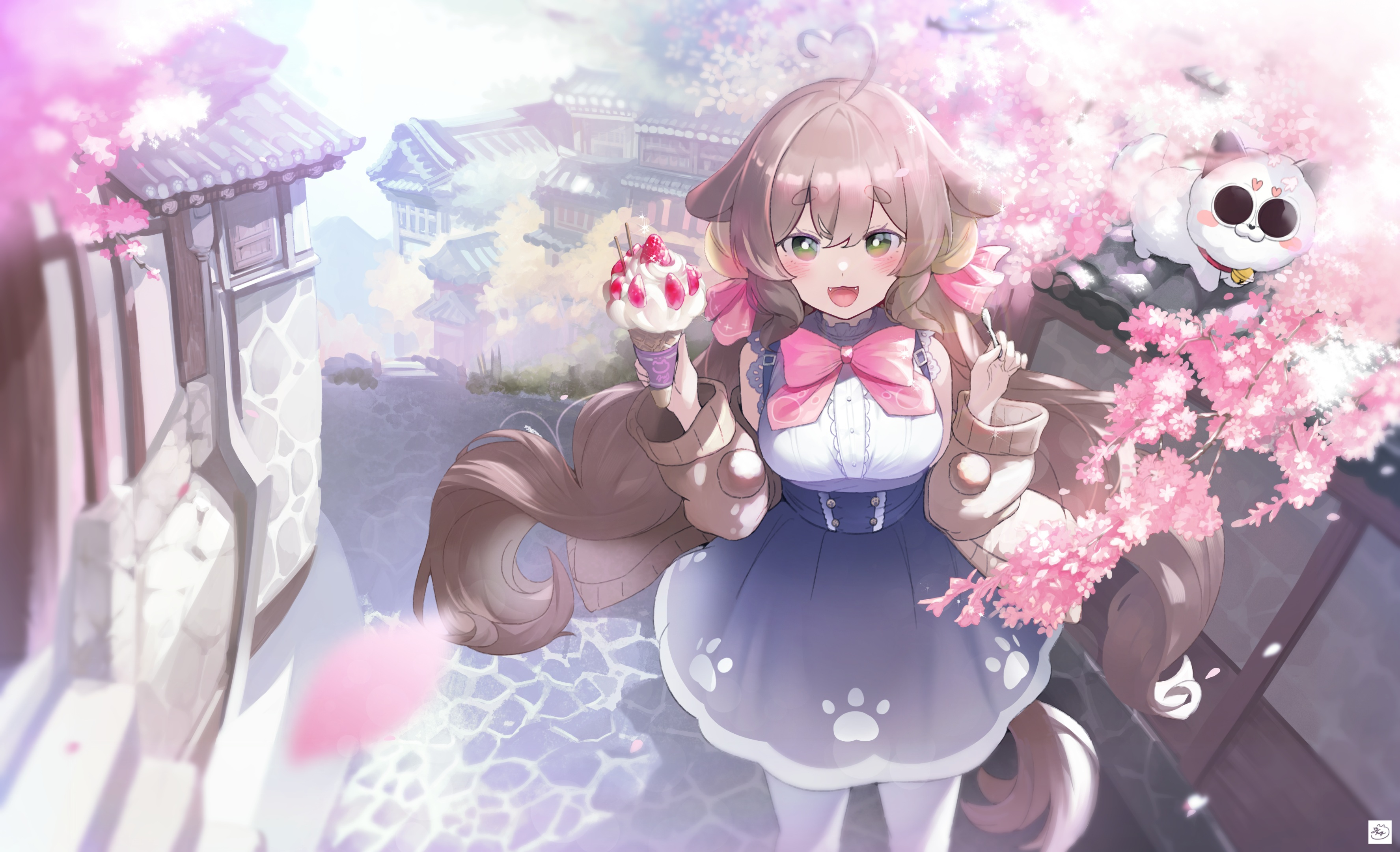 Anime Cherry Blossom Animal Ears Ice Cream Cats Street Building Brunette Long Hair Twintails Bangs D 3551x2160