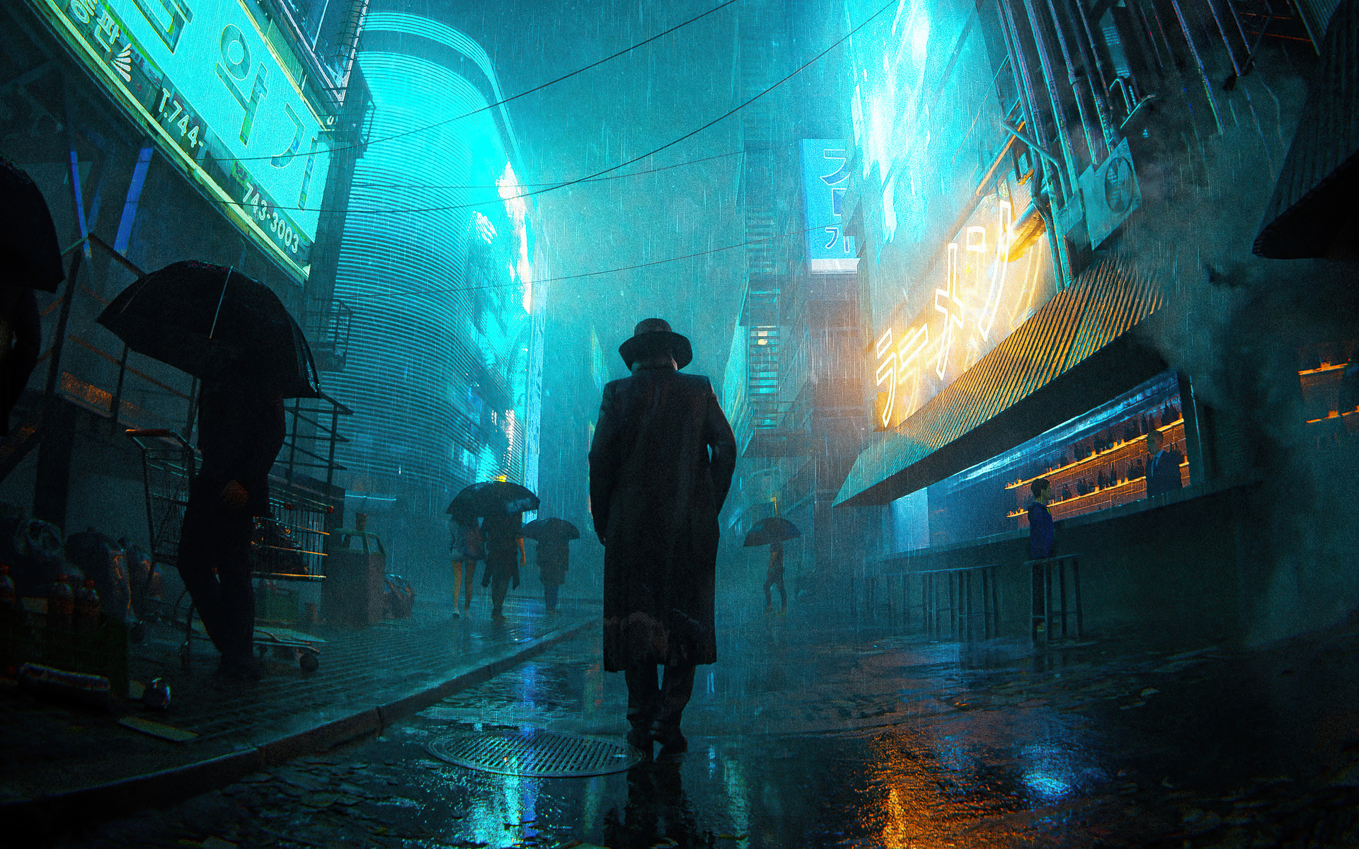 Science Fiction Cityscape Cyberpunk Trench Coat Umbrella Rain 1920x1200