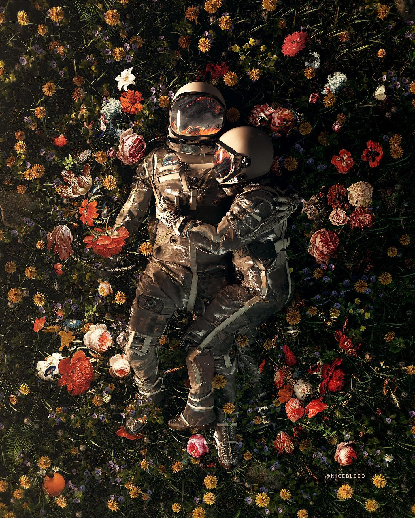 Artwork Astronaut Digital Art Field Couple Flowers Spacesuit 1440x1794