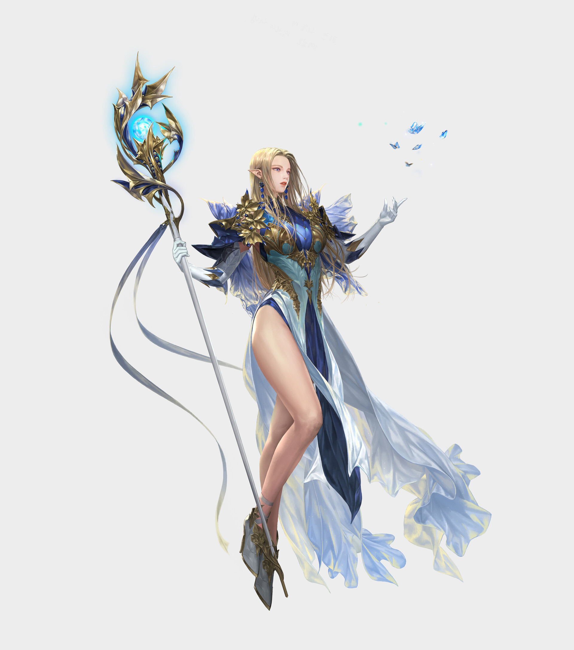 Daeho Cha Drawing Women Blonde Long Hair Dress Fantasy Art Weapon Staff Floating Simple Background W 1920x2171