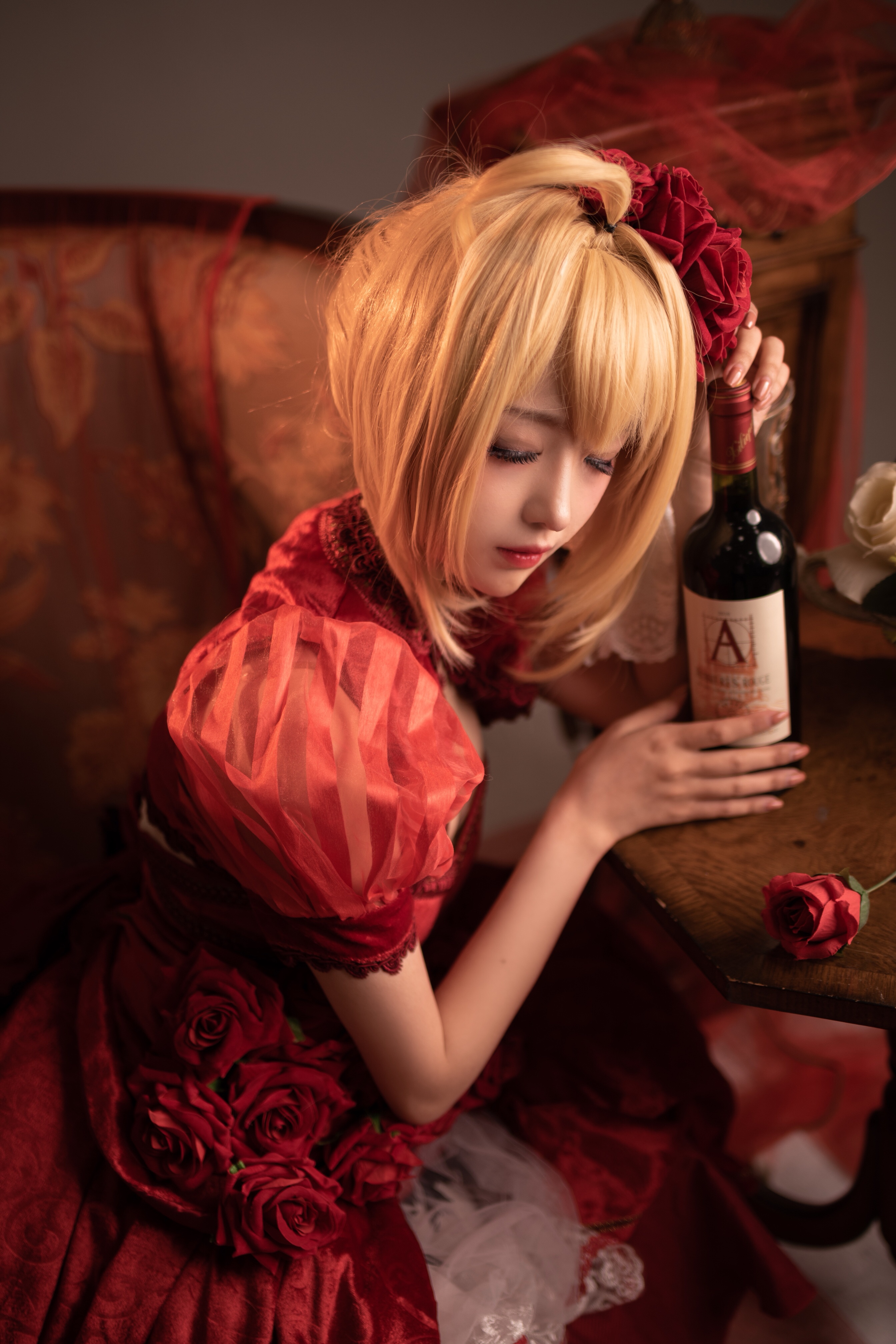 Asian Blonde Lolita Chair Retro Theme Red Wine Shika XiaoLu 2688x4032