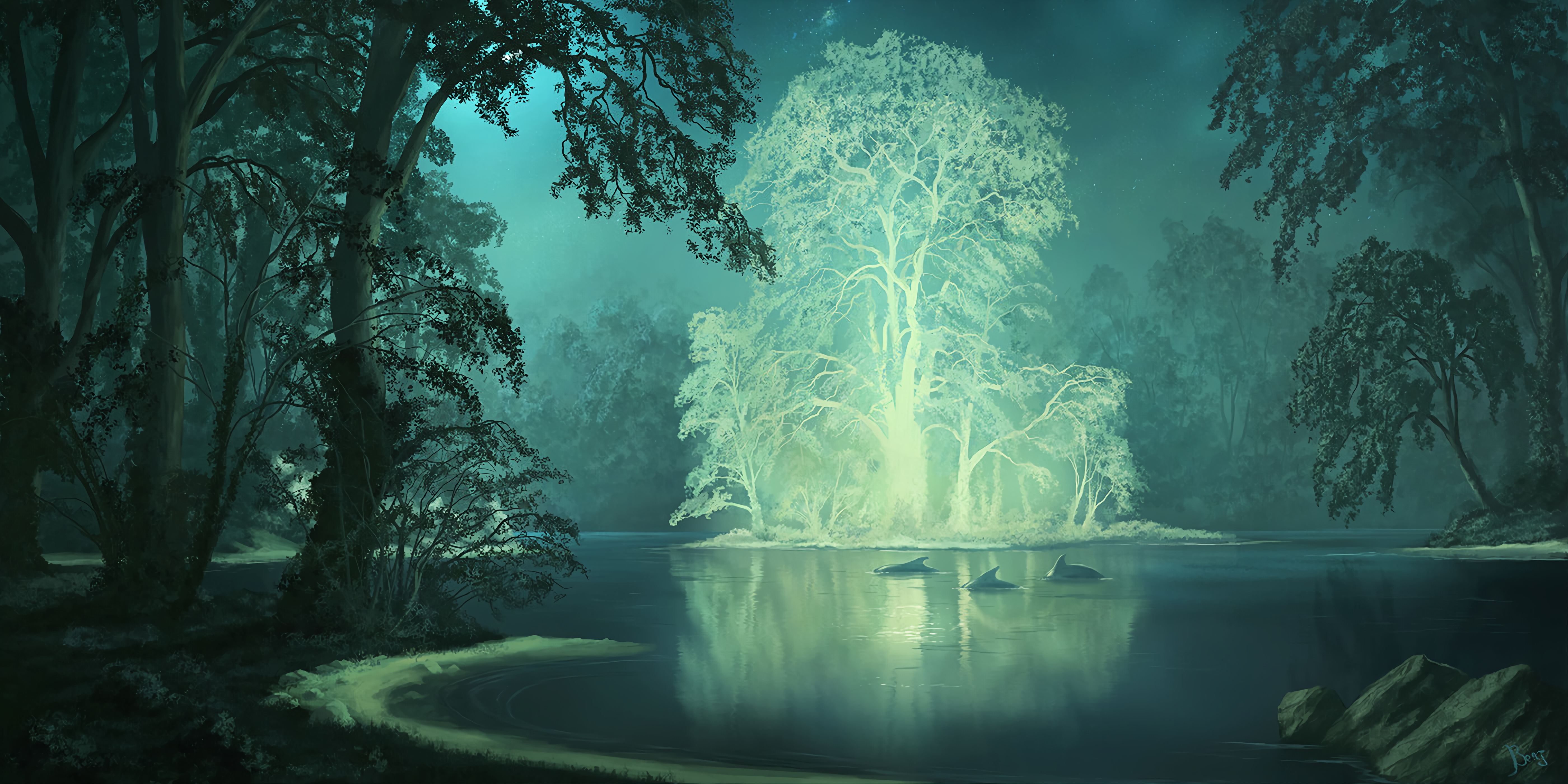 BenJ Digital Art Fantasy Art Trees Dolphin Starry Night Forest 5600x2800