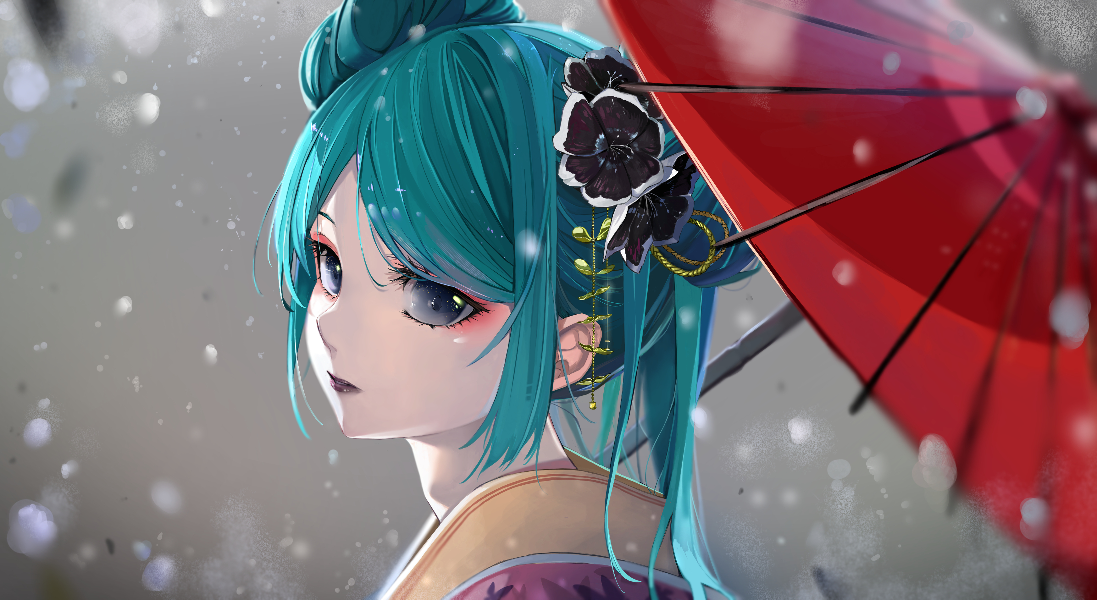 Anime Anime Girls Dark Eyes Kimono Japanese Kimono Umbrella Barrette Long Hair Cyan Hair Merah Drow  3489x1909