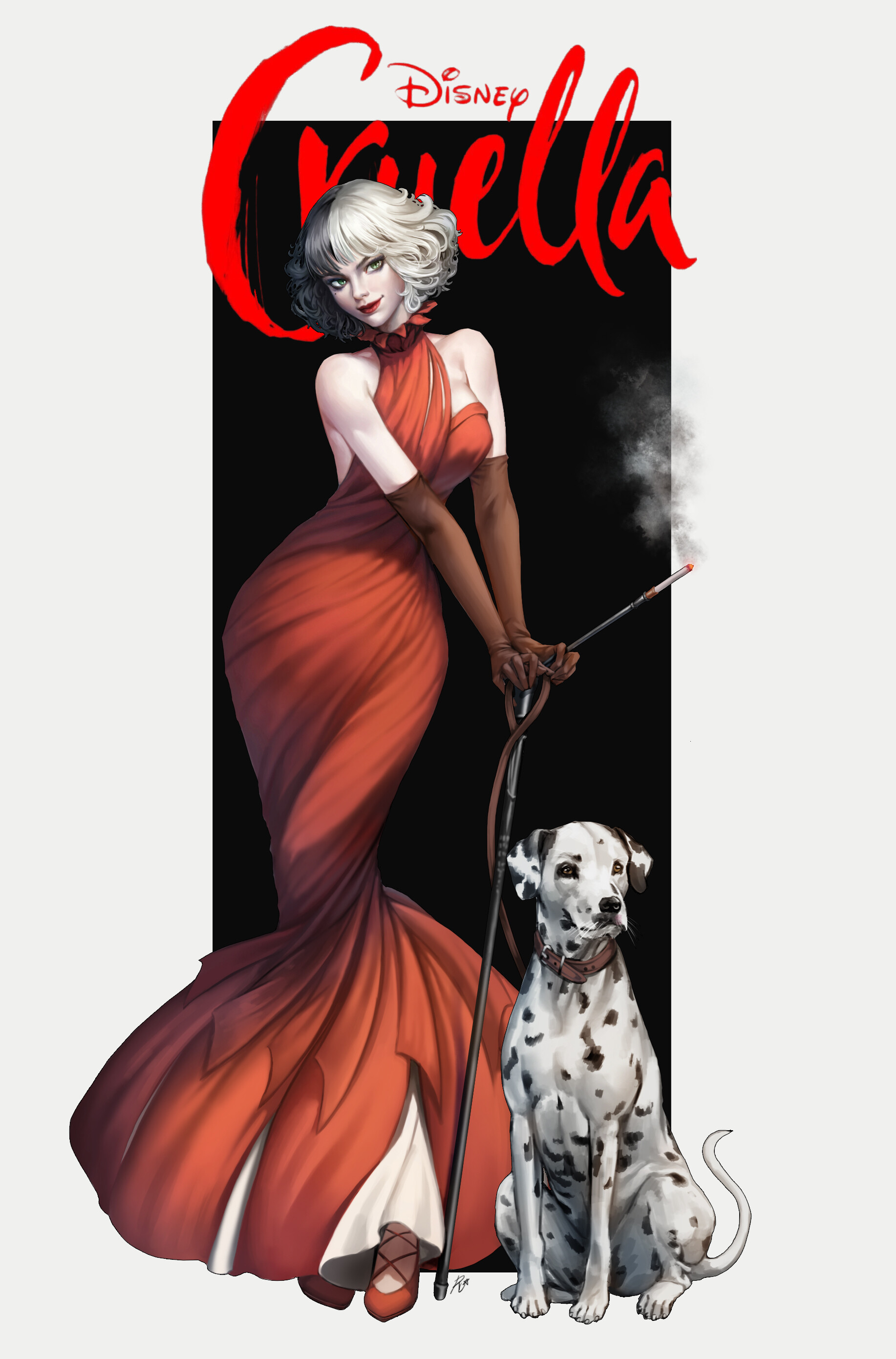 Cruella Cruella De Vil Emma Stone Disney Women Black Hair White Hair Green Eyes Dress Red Dress Ciga 1834x2780