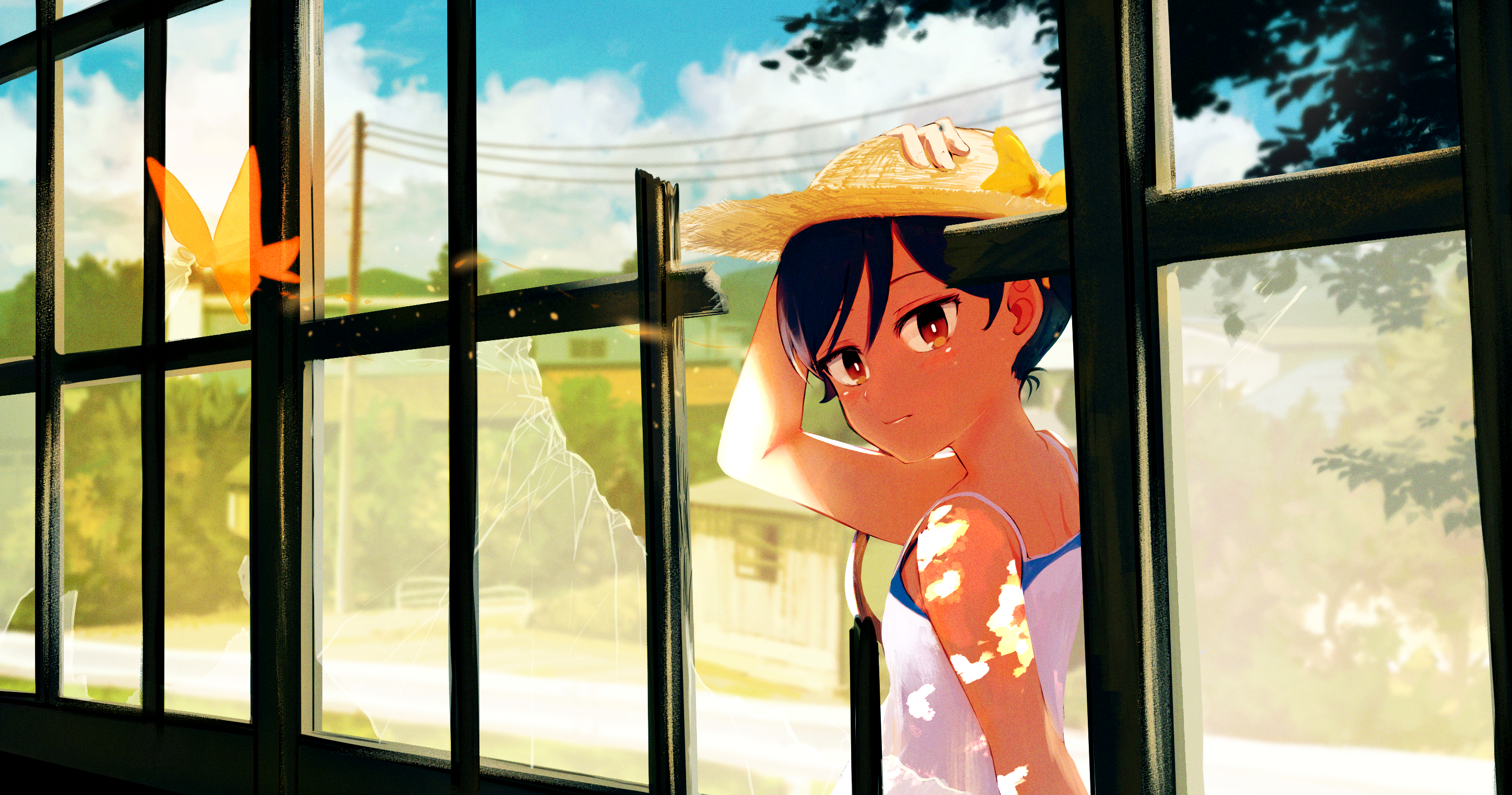 Anime Anime Girls Short Hair Hat Light Effects Butterfly Window Broken Glass Sky Clouds Trees Dark H 2894x1521