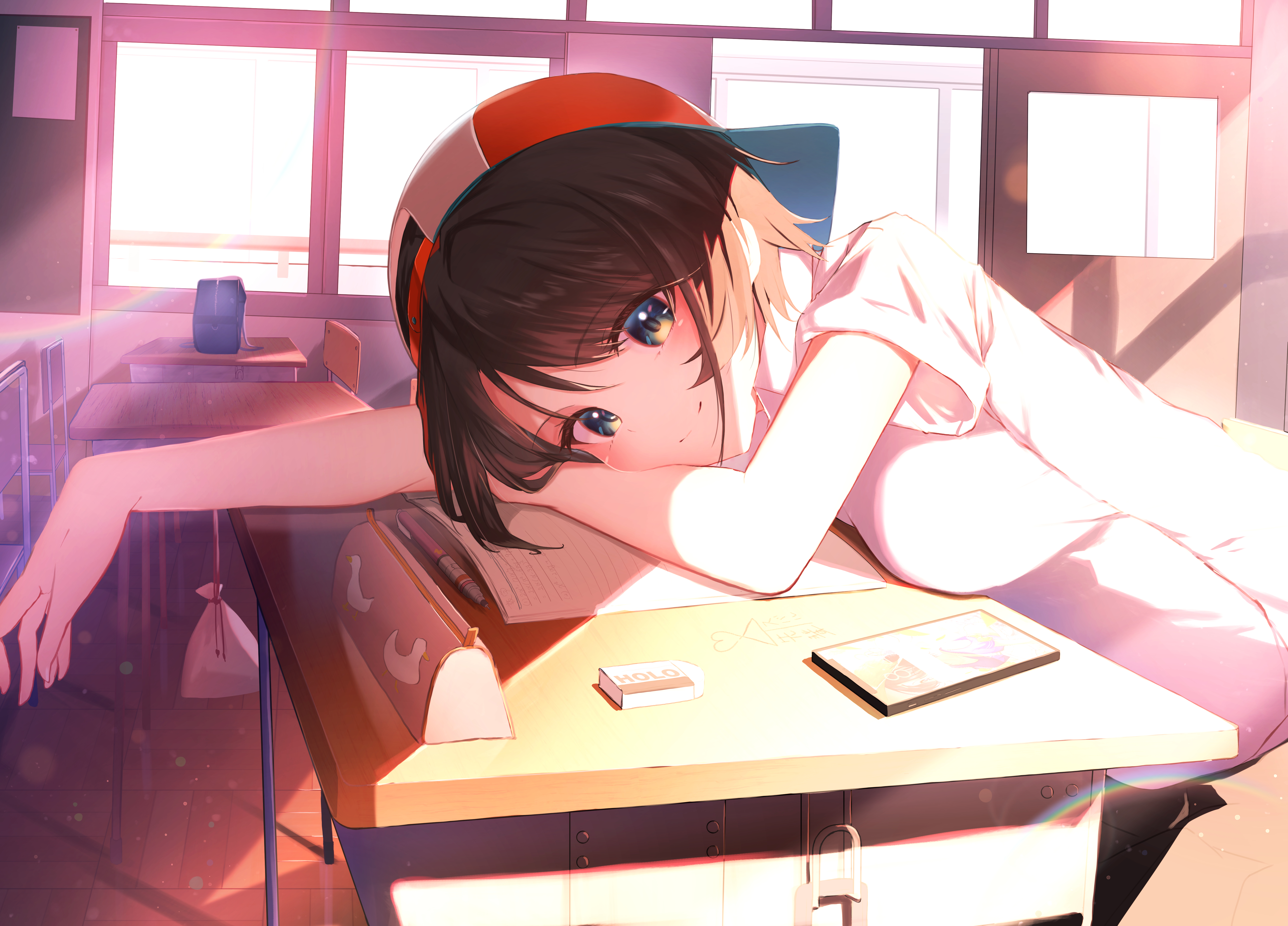 Anime Anime Girls Mikaku Artwork Hololive Virtual Youtuber Oozora Subaru Brunette Smiling Classroom 5696x4093