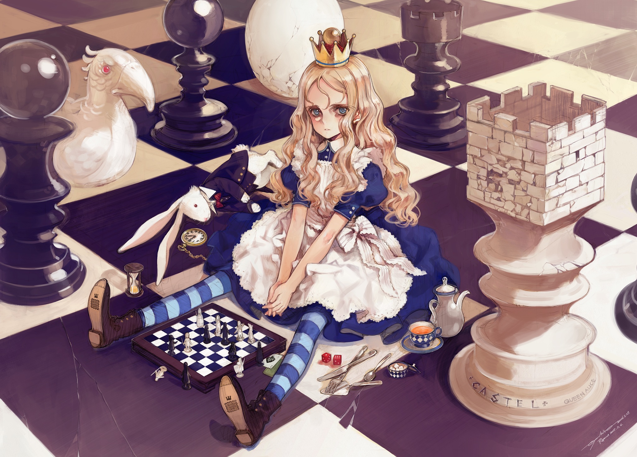Anime Anime Girls Artwork Alice In Wonderland Chess Blonde Blue Eyes Dress 2048x1470