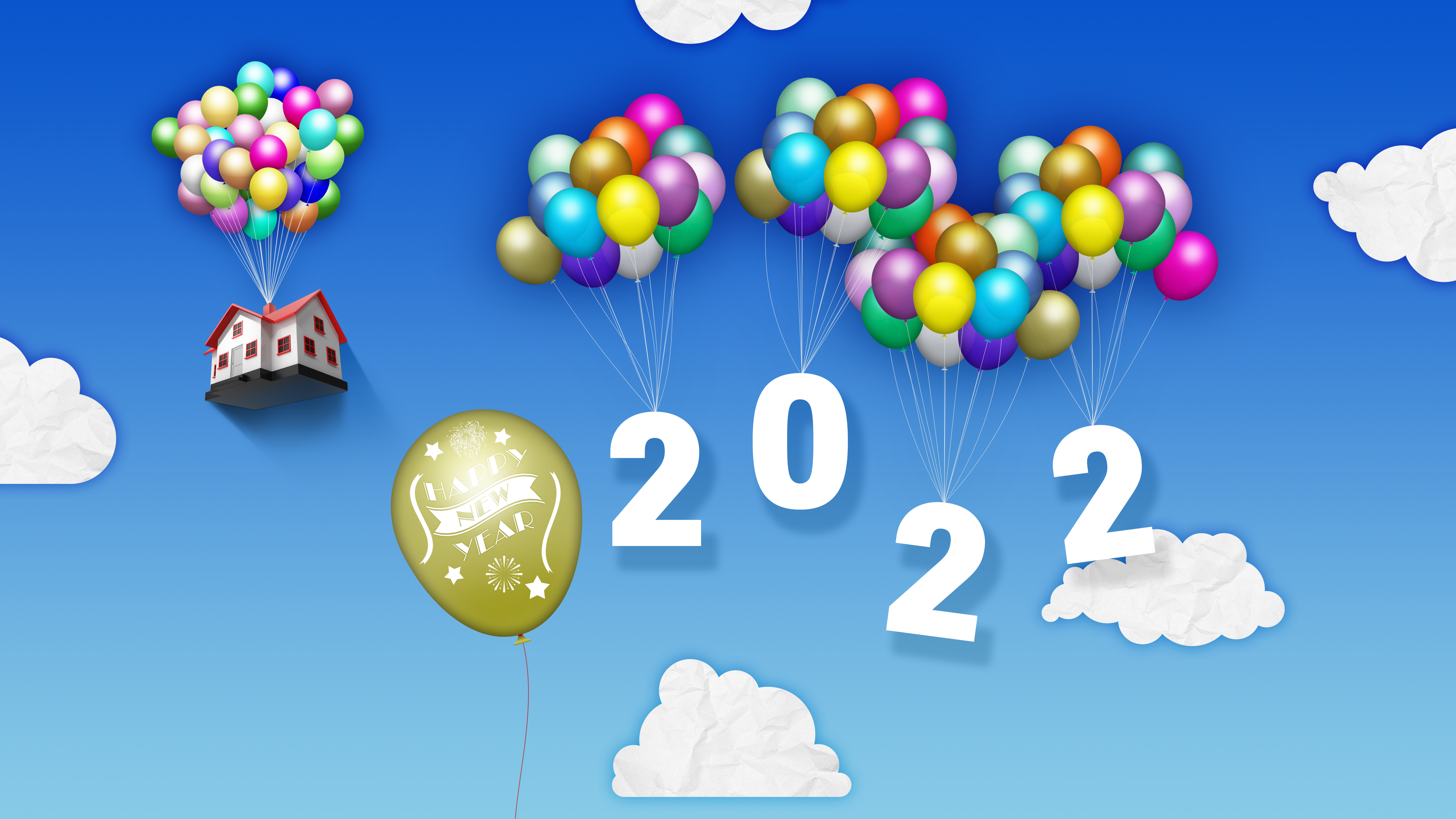 2022 Year Happy New Year Balloon House Sky Clouds 4000x2250