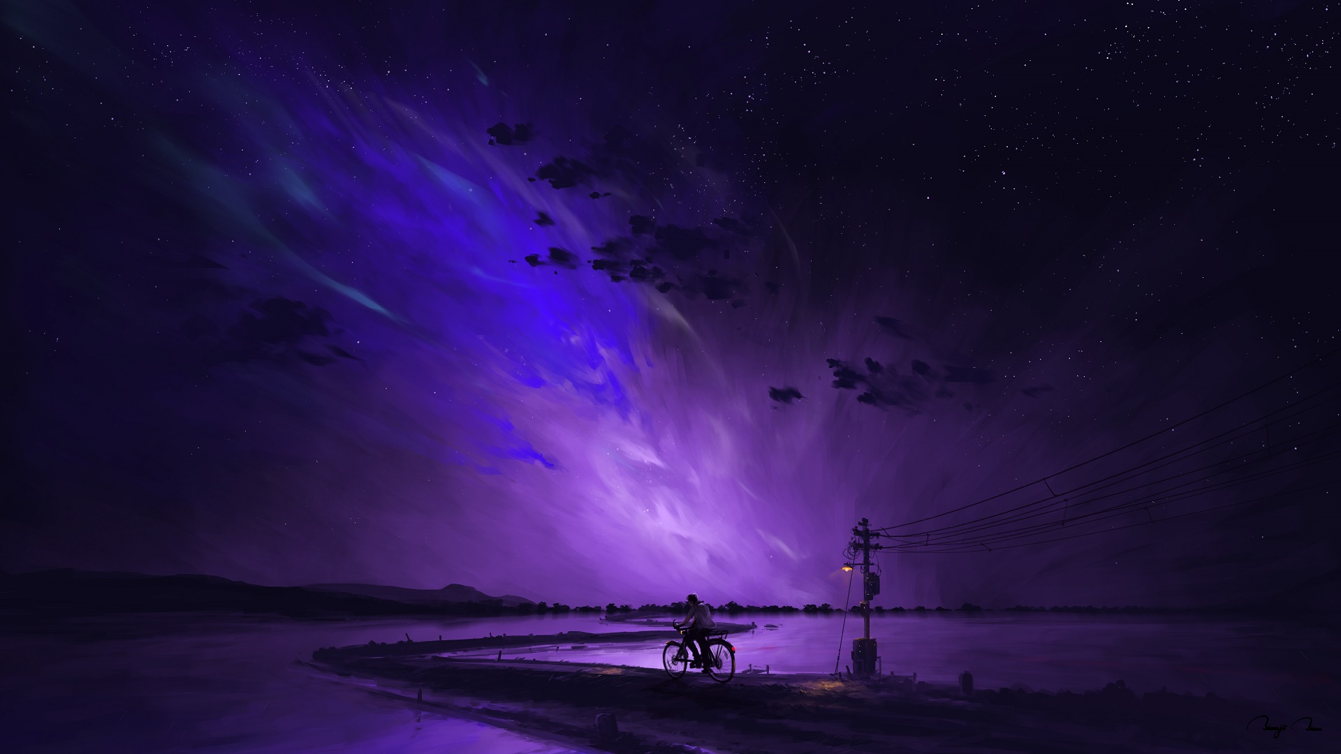 Digital Painting Night Clouds Landscape Lake Bicyclist BisBiswas Purple 1920x1080
