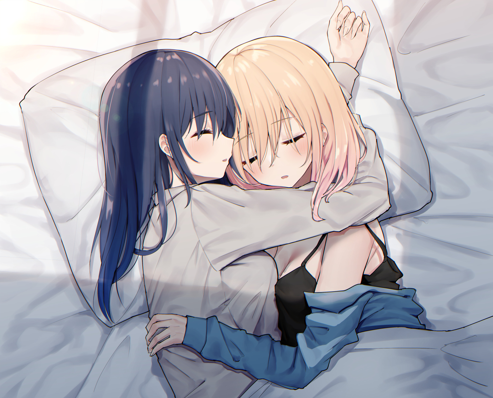 Two Women Anime Girls Sleeping Blonde Pillow Dark Hair Hugging Artwork Piripun 1588x1282