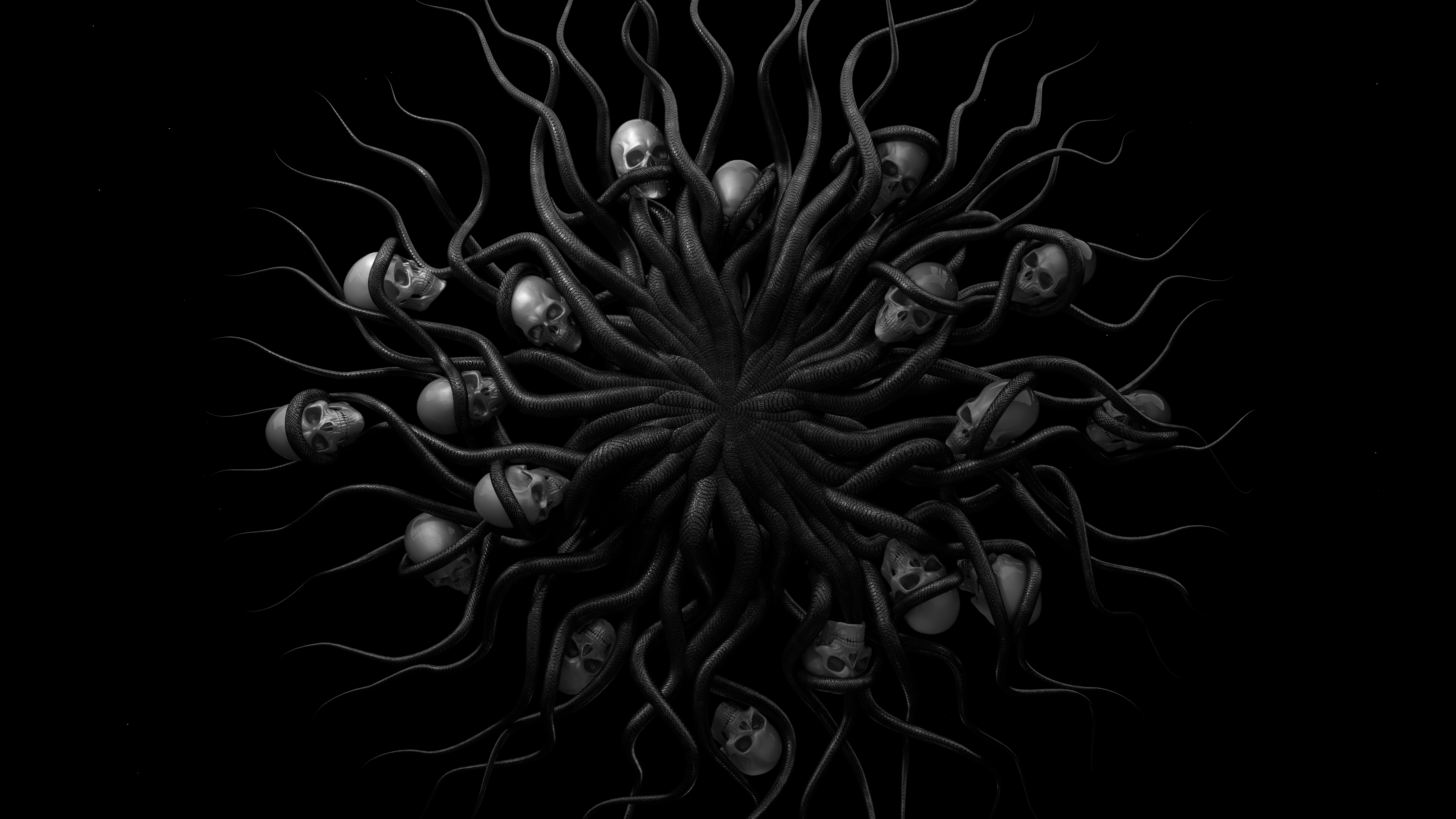 3D Black Horror Skull And Bones Skull Snake Shadow Dark Halloween Pattern Artwork Render Tentacles 7680x4320