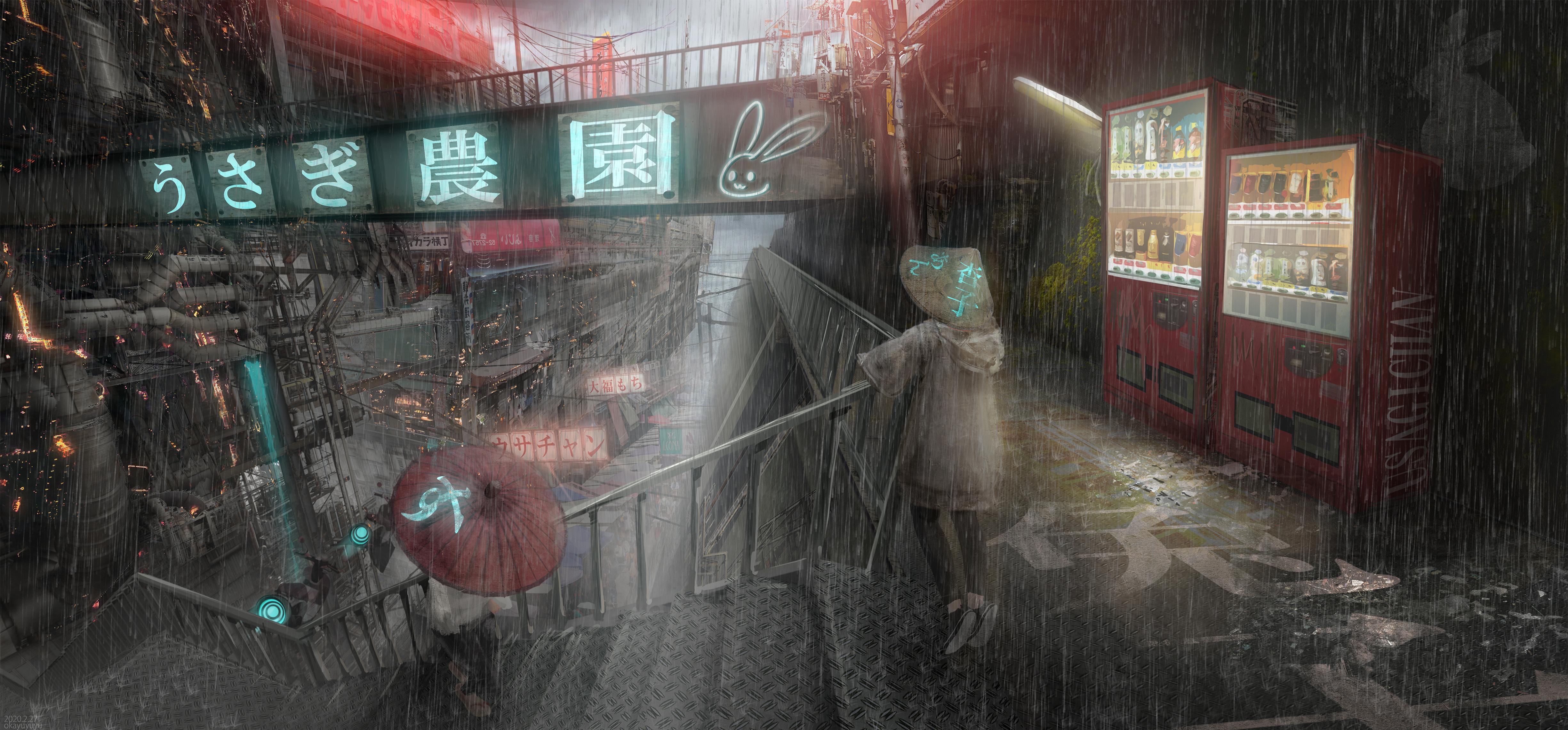 Artwork Fantasy Art Asian City Rain 4900x2282