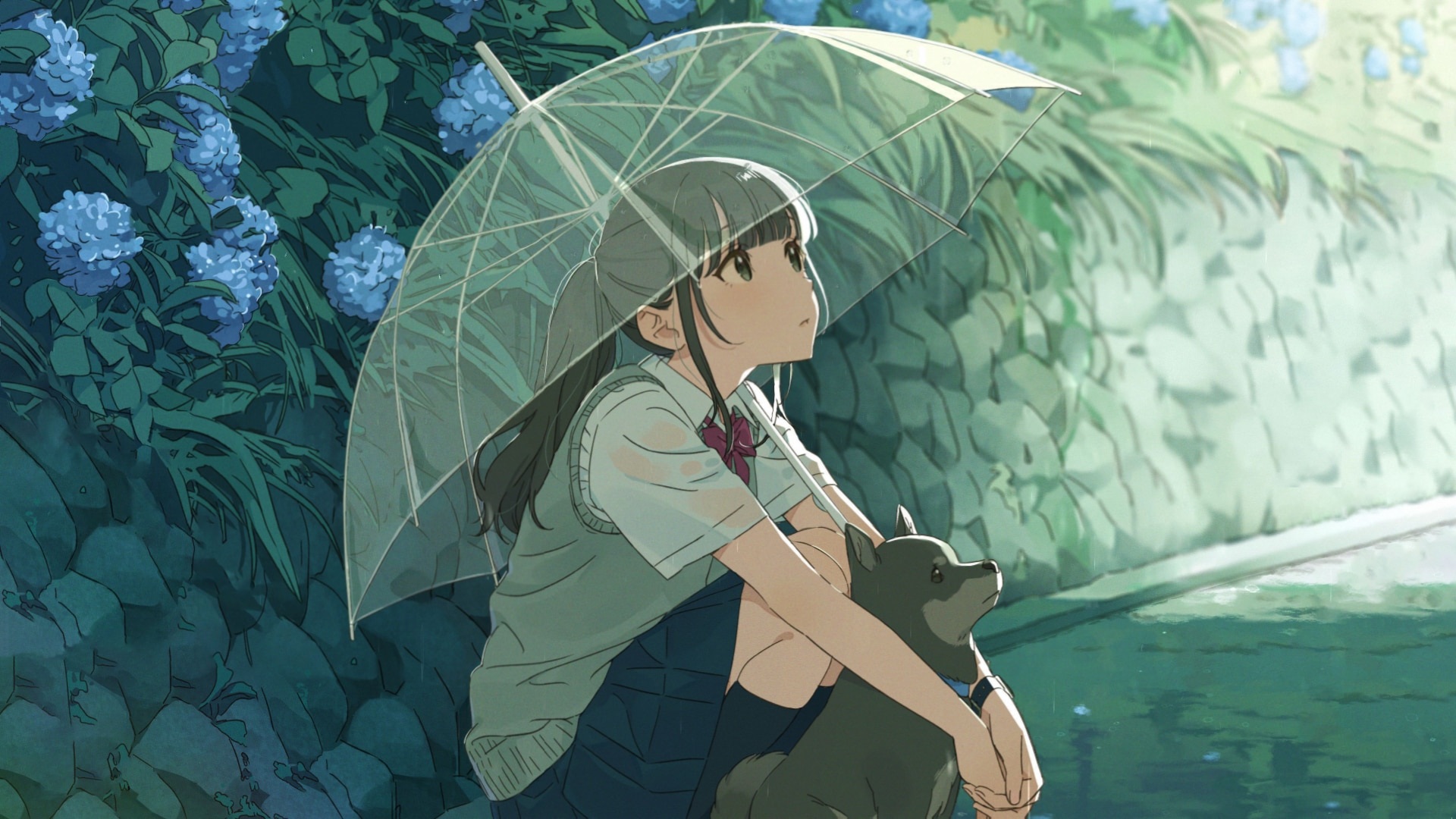 Anime Anime Girls Umbrella Dog Flowers 1920x1080