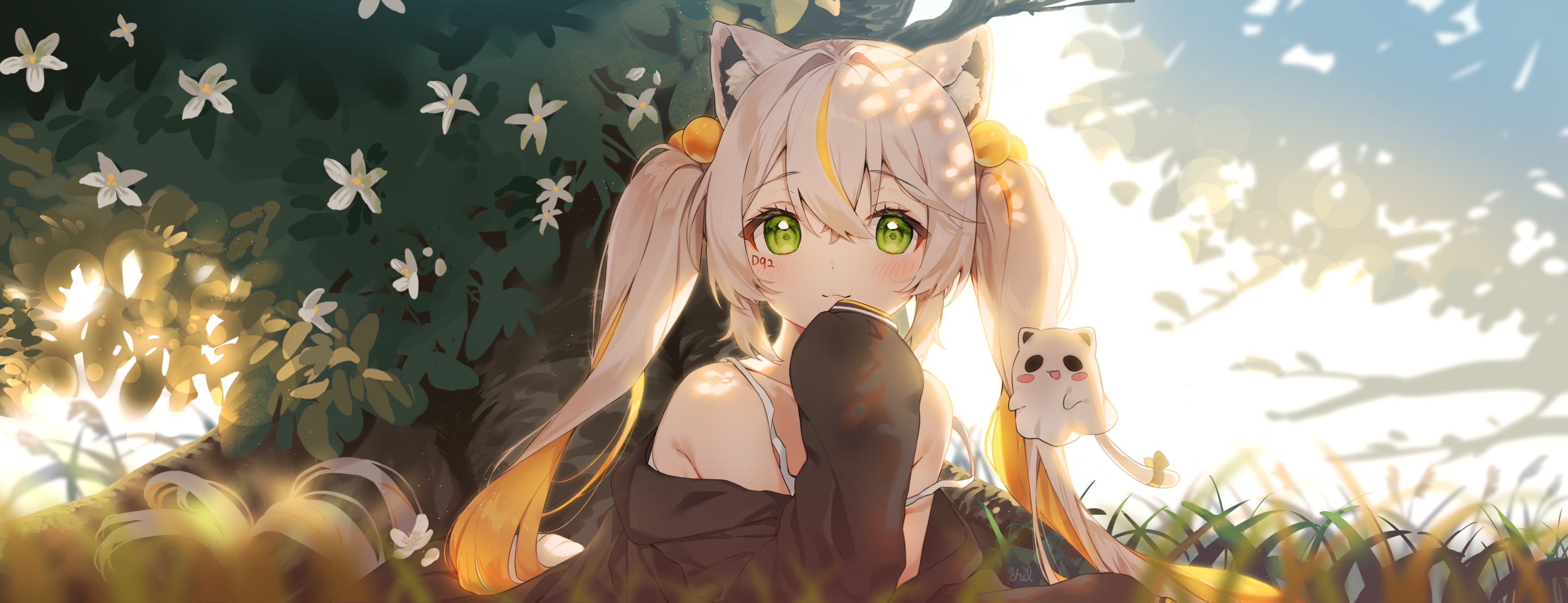 Anime Anime Girls Green Eyes Sunlight Flowers Plants Looking At Viewer Long Hair Twintails Blonde An 3500x1346