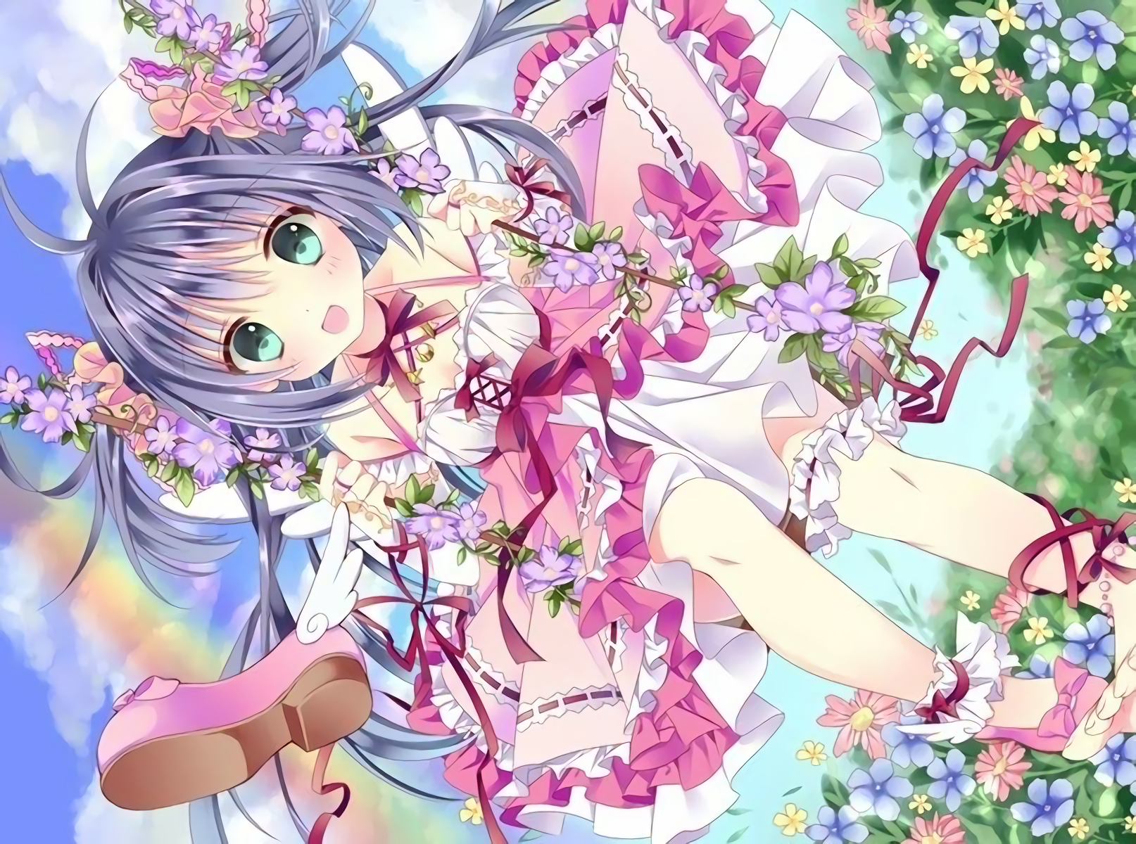 Ribbon Blue Hair Aqua Eyes Flowers Pink Dress Twintails Blush Rainbows Clouds Sky Anime Girls 1614x1200