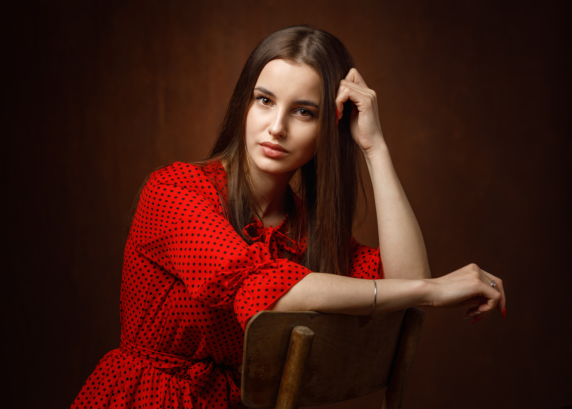 Sergey Sergeev Women Brunette Brown Eyes Looking At Viewer Dress Red Clothing Dots Chair 1920x1372