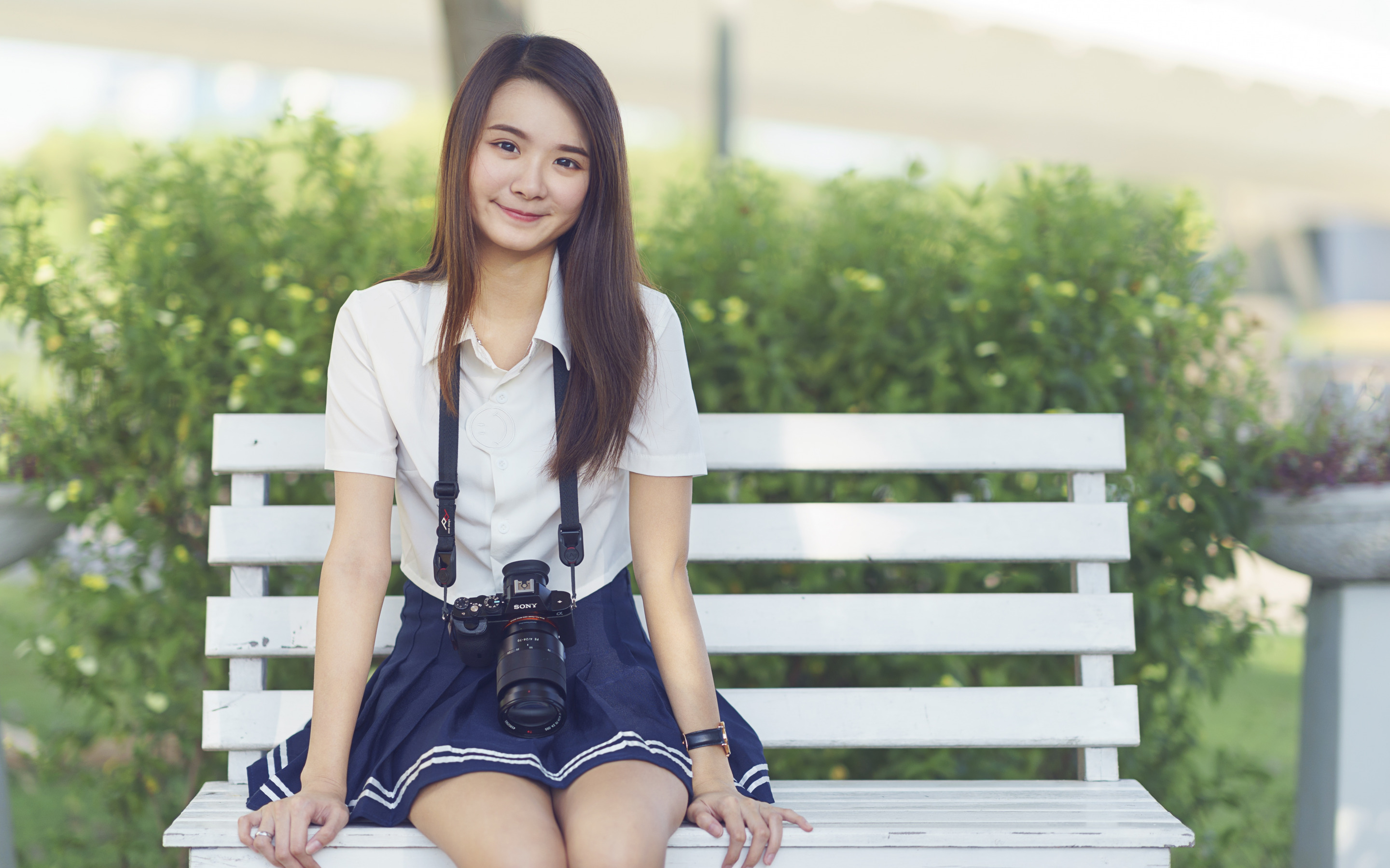 Model Asian Smiling Blue Skirt White Shirt School Uniform Camera Sitting On Bench Schoolgirl Brunett 2880x1800