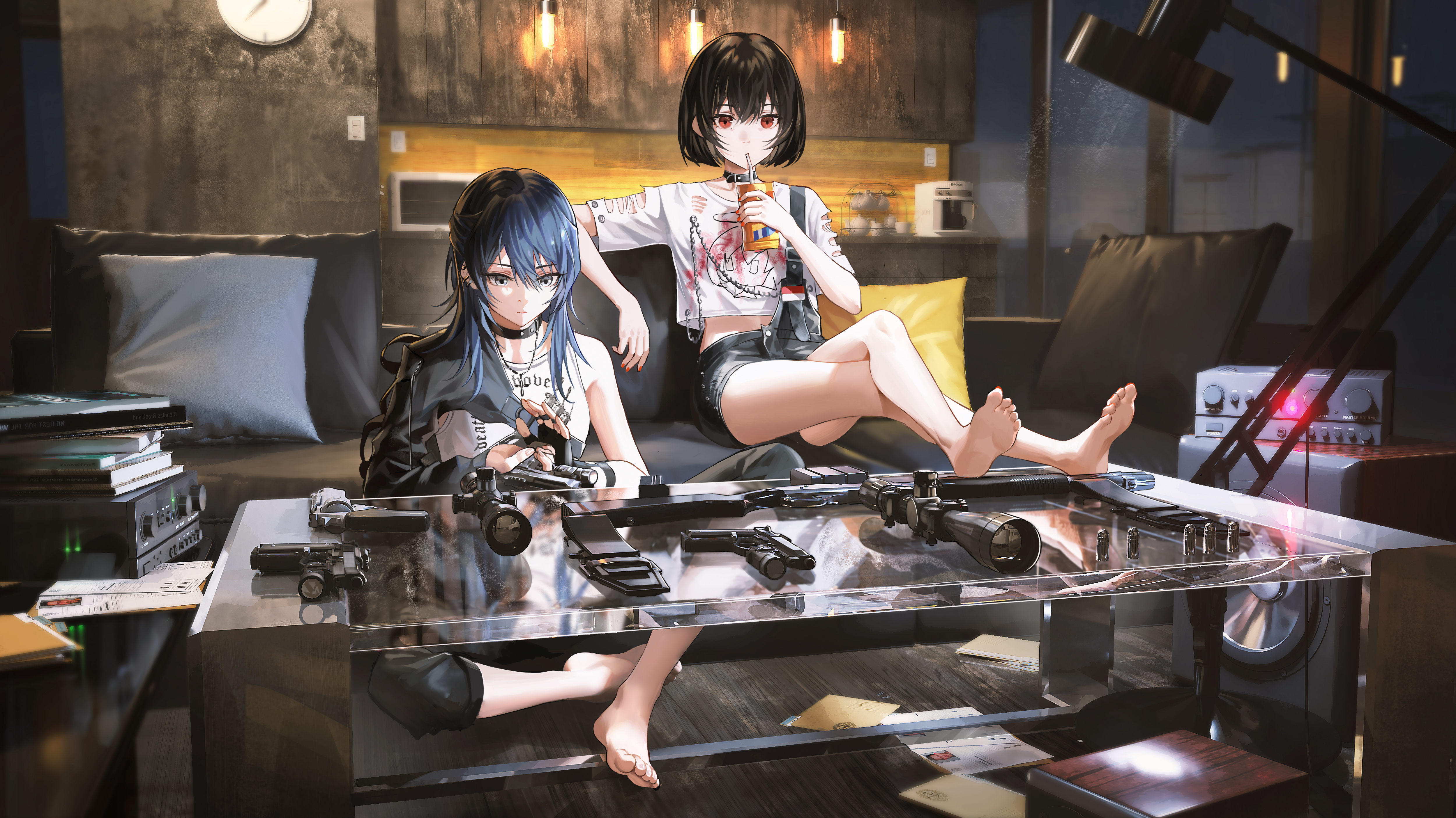 Anime Anime Girls Homutan Artwork Blue Hair Dark Hair Barefoot Feet Weapon 5000x2812