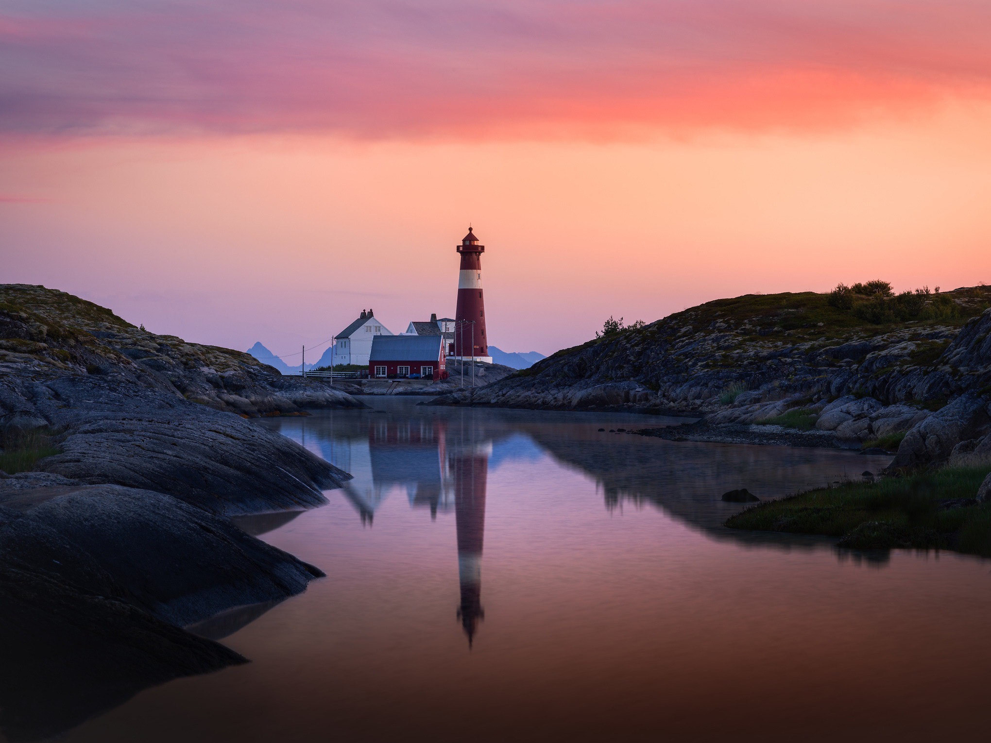 Dag Ole Nordhaug Landscape Purple Sky Sky Lighthouse House Water Reflection 2040x1530