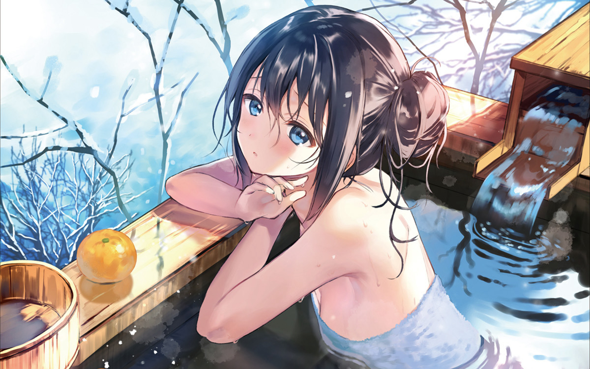 Anime Girls Women Anime Dark Hair Tied Hair Water Bath Orange Fruit Blue Eyes Wet Blunt Bangs 1920x1200
