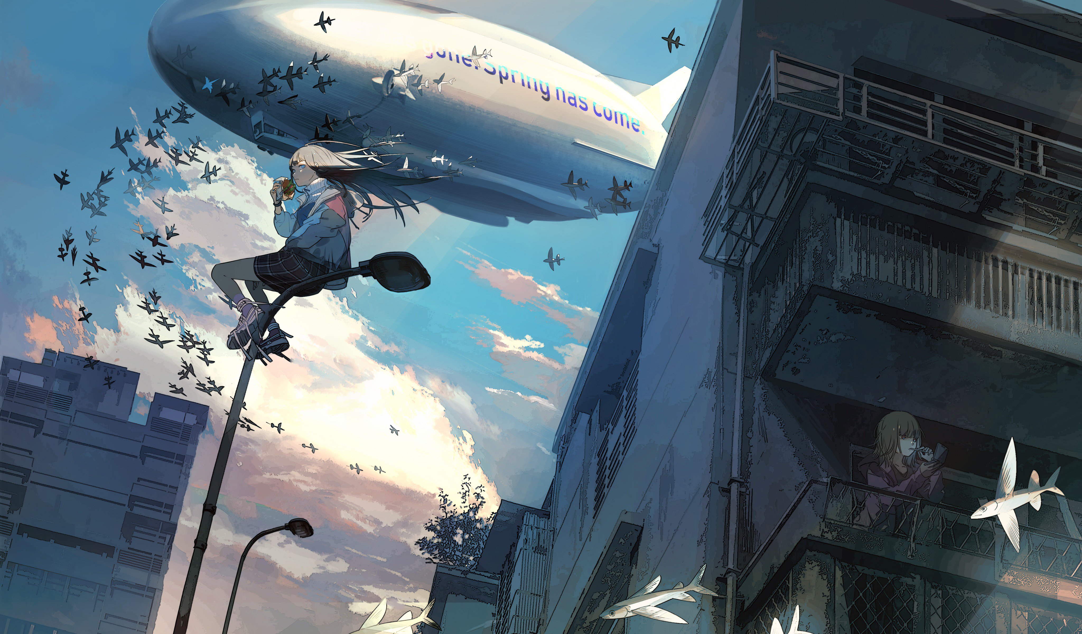 Anime Anime Girls Sky Clouds Balcony Dark Hair Long Hair Fish Sneakers Jacket Blue Eyes Airships Ani 4096x2401