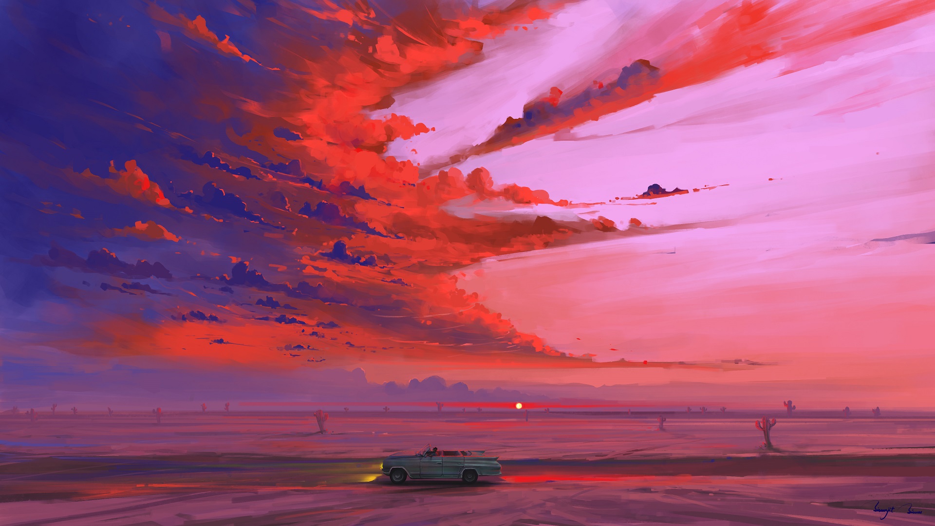 Car Desert Sky Sunrise 1920x1080