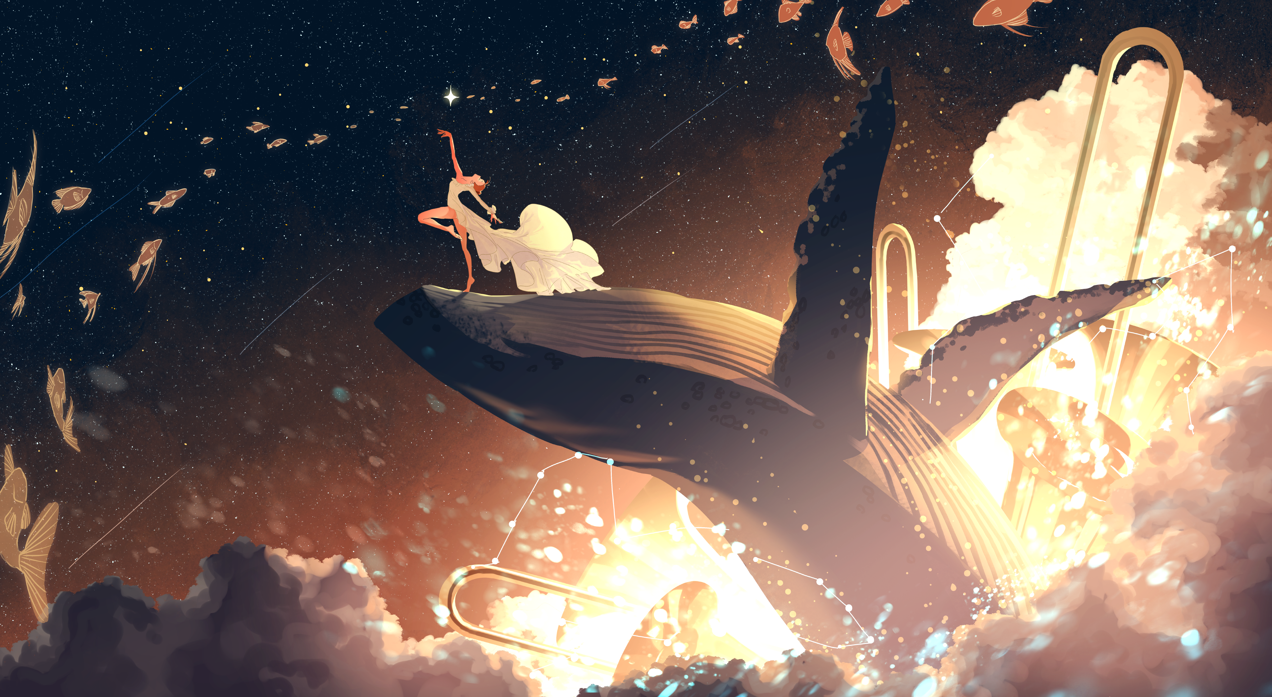 Anime Anime Girls Stars Space Universe Fish Clouds Whale Dancing Trumpet Redhead Dress 4096x2246