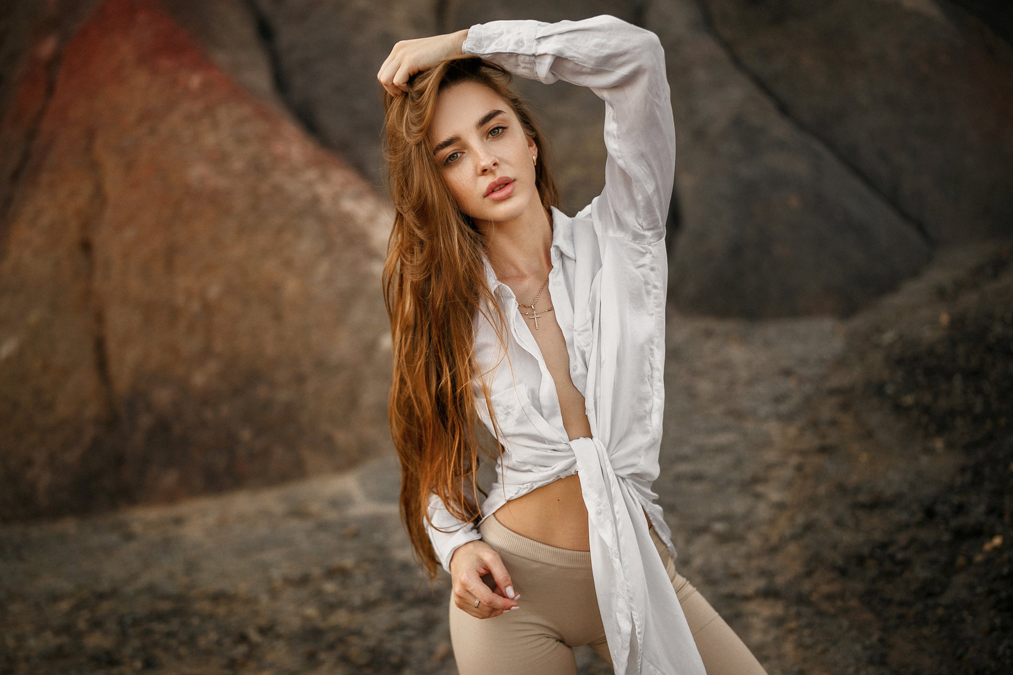 Women White Shirt Skinny Women Outdoors Redhead Crucifix Necklace Long Hair 2000x1333