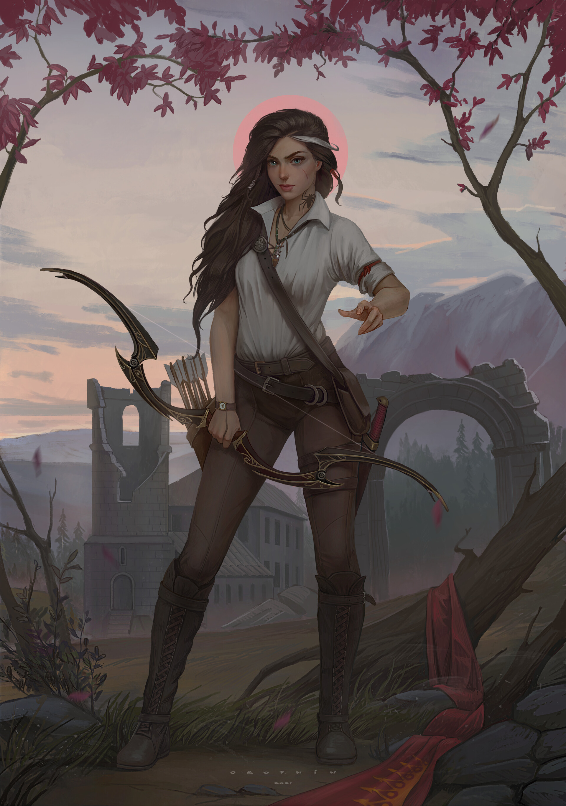 Ilya Ozornin Women Fantasy Art Fantasy Girl Standing Bow Archer Brunette Long Hair Boots Necklace Aq 1920x2736