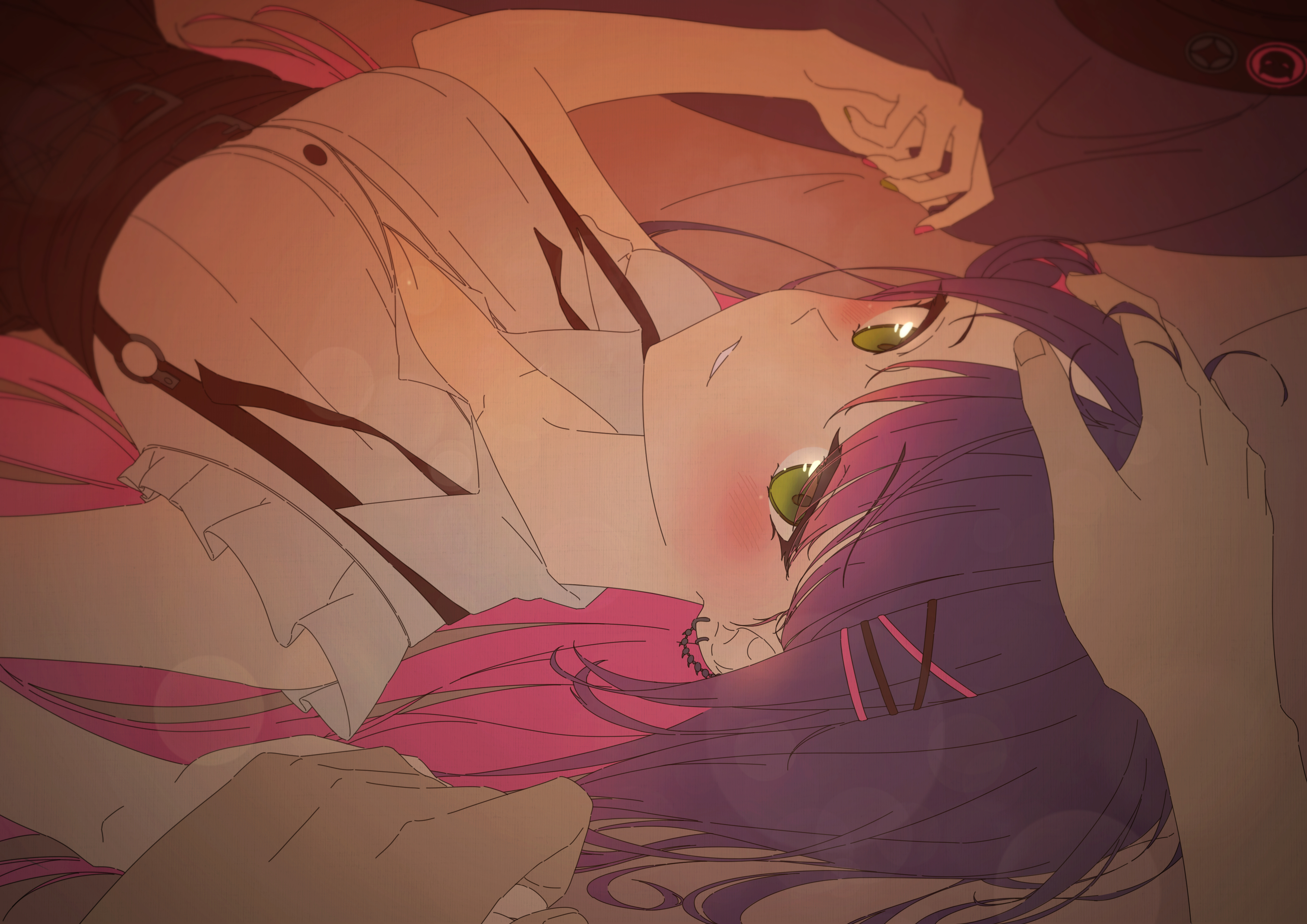 Looking At Viewer Digital Digital Art Anime Anime Girls Lying Down Green Eyes Hands In Hair Hands On 3508x2480