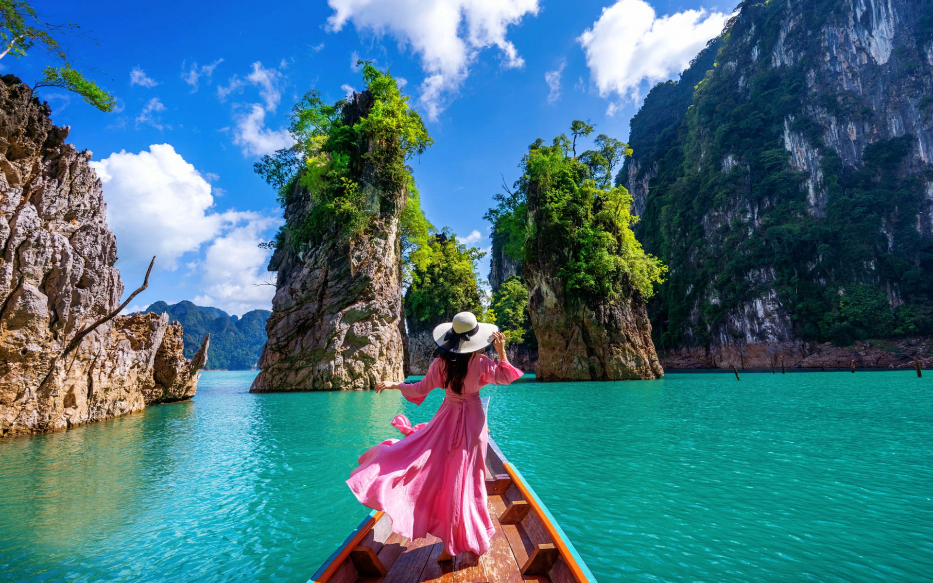 Woman Dress Hat Boat Thailand Rock Rear 1920x1200