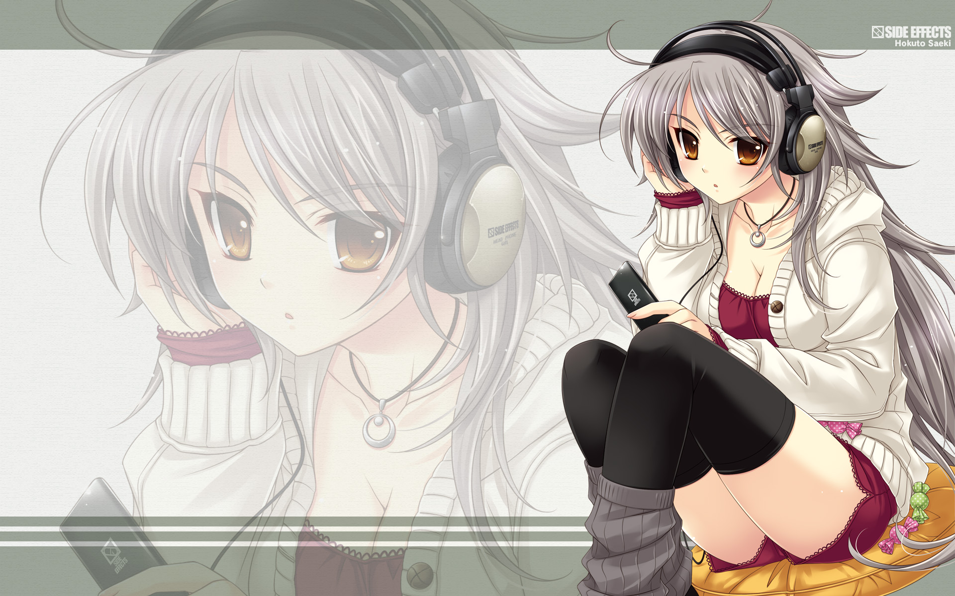 Looking At Viewer Headphones Brown Eyes Grey Hair Long Hair Thigh Highs Anime Girls Saeki Hokuto Art 1920x1200