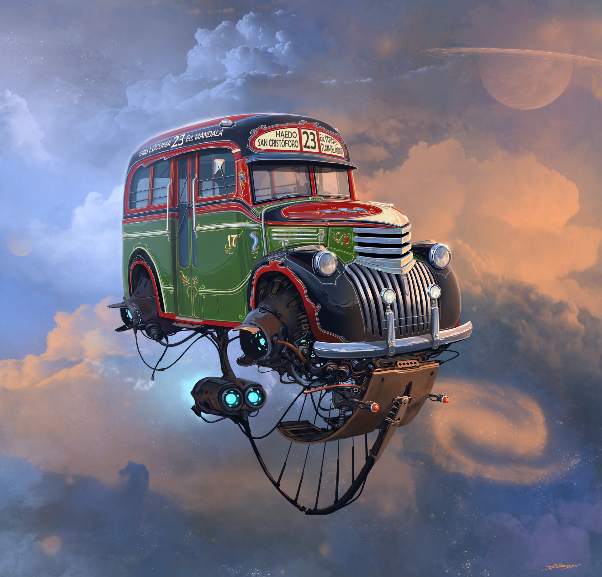 Artwork Digital Art Illustration Alejandro Burdisio Concept Art Futuristic Buses Flying Car Clouds 1920x1840