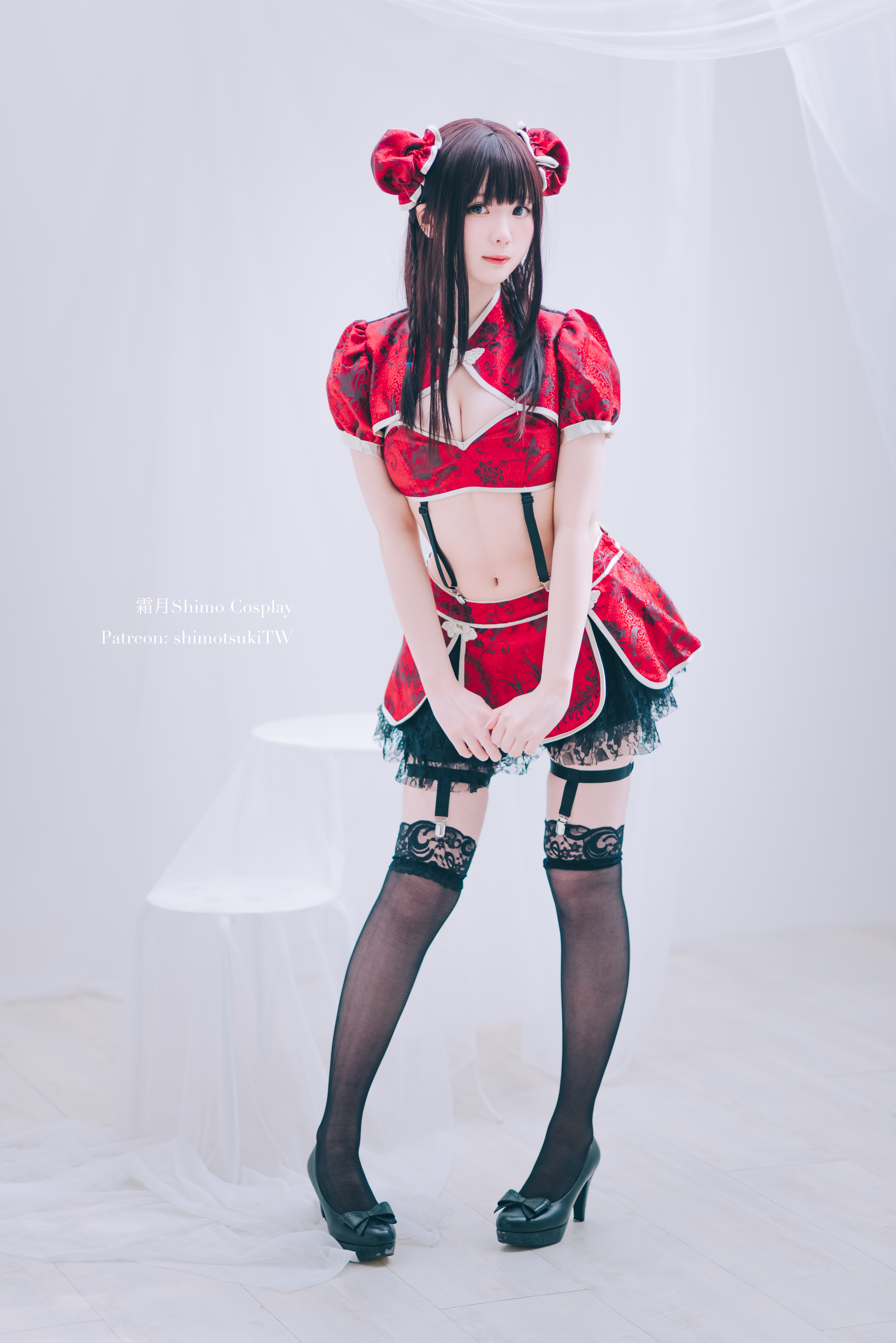 Women Model Asian Brunette Bangs Chinese Cheongsam Crop Top Suspenders High Heels Looking At Viewer  4912x7360