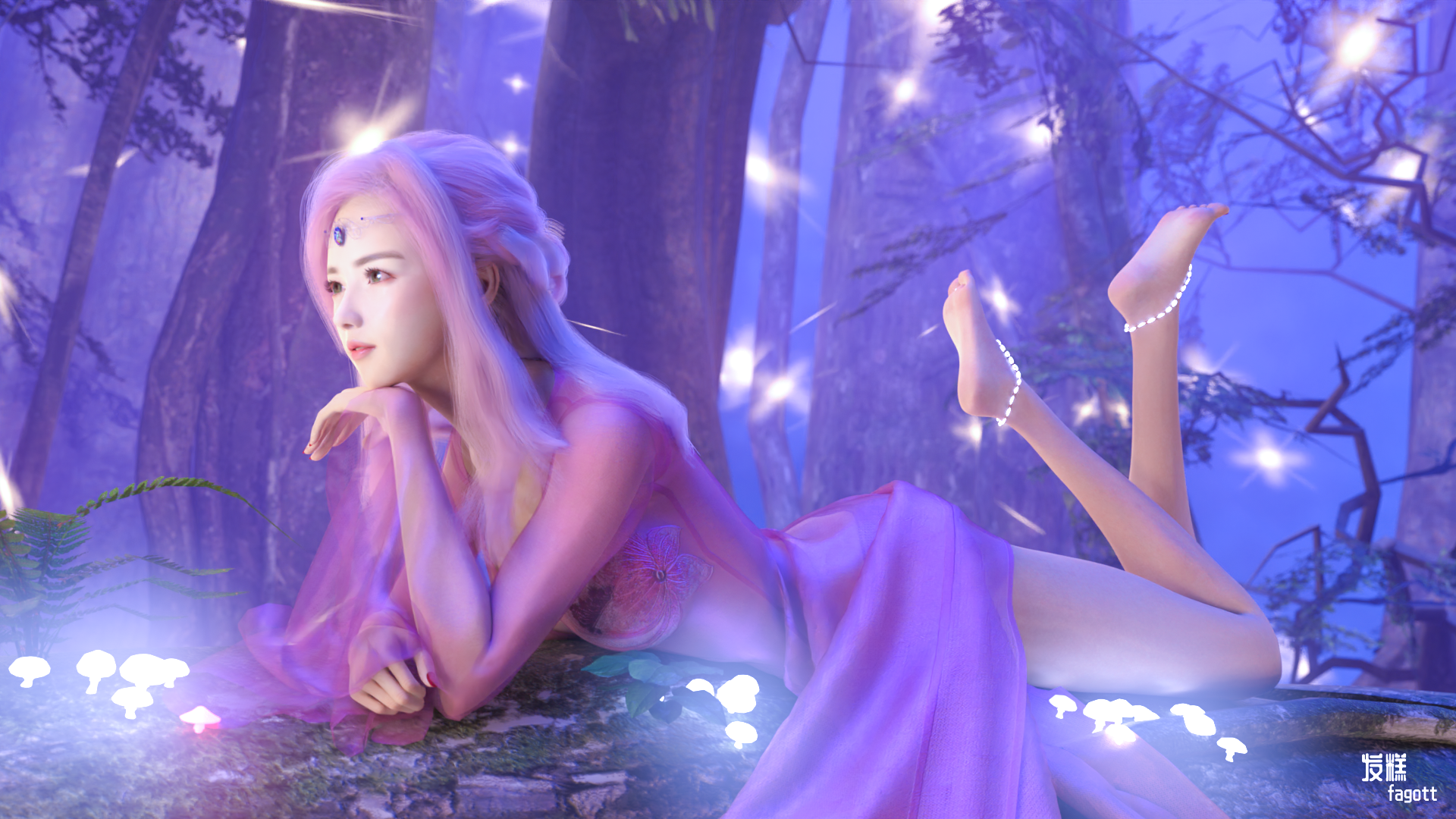 Fantasy Girl Dress Barefoot Lights Forest Original Characters 3D Artwork CGi Digital Art 1920x1080