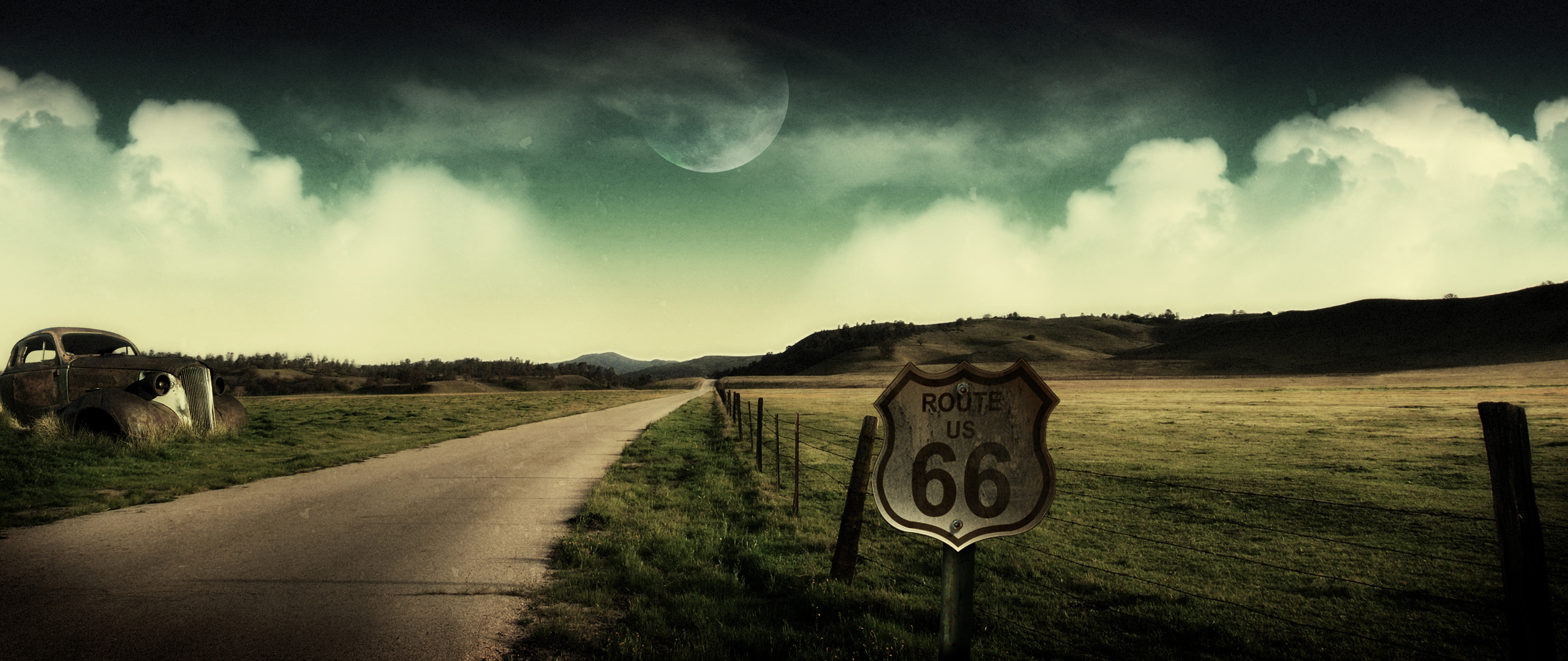 Route 66 Ultrawide Car Wreck Night 2560x1080