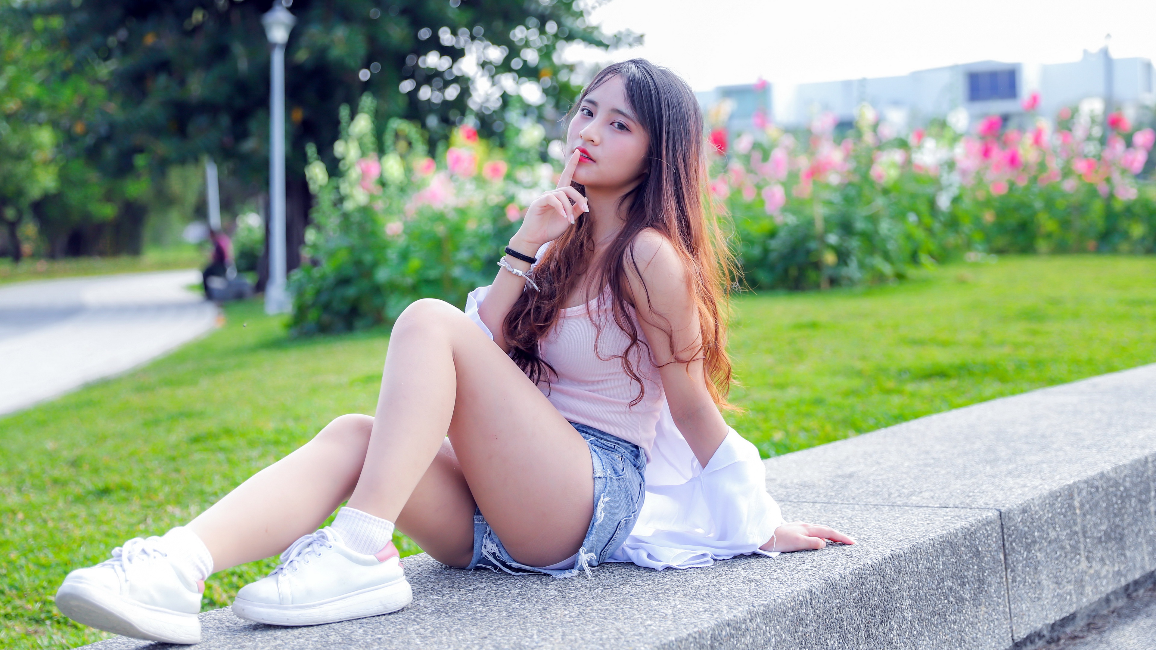 Women Asian Model Women Outdoors Brunette Long Hair Looking At Viewer Park Legs White Shoes Red Lips 3840x2160