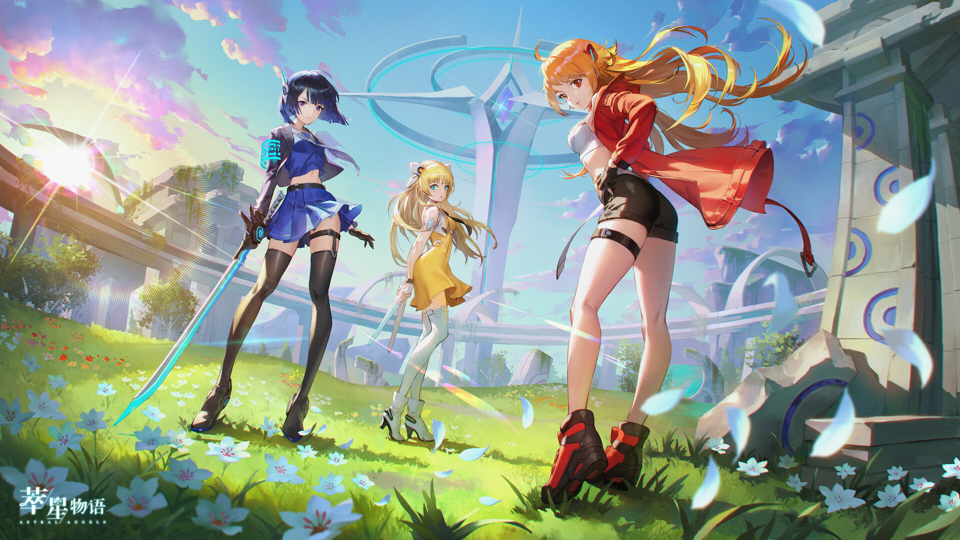Bluezima Drawing Anime Girls Redhead Blue Hair Blonde Weapon Sword Boots Low Angle Sunlight Grass Pe 1920x1080