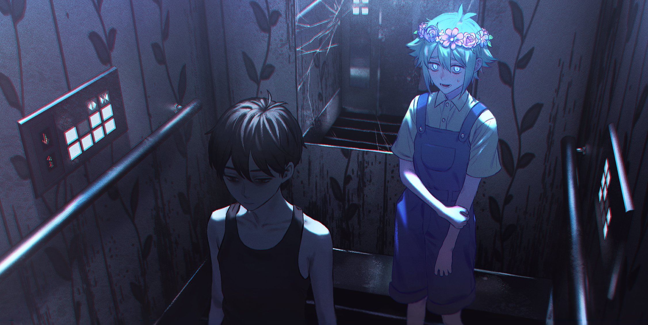 Anime Anime Girls Anime Boys Short Hair Blue Eyes Flower In Hair Elevator Mirror Dark Hair Broken Gl 2253x1132