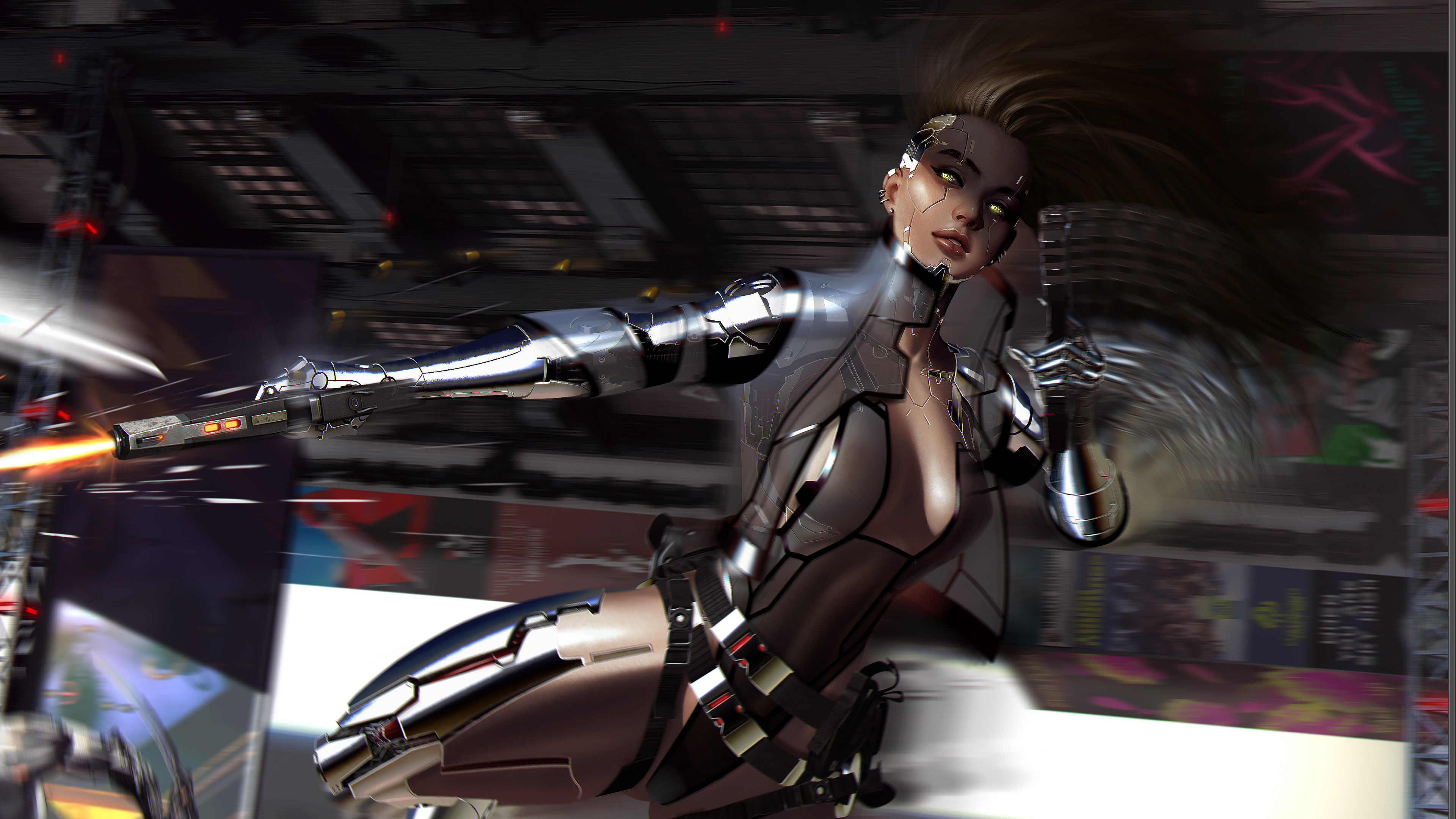 Cyberpunk 2077 Cyberpunk Girl With Weapon Fly Looking At Viewer CGi Digital Art Katana 3840x2160