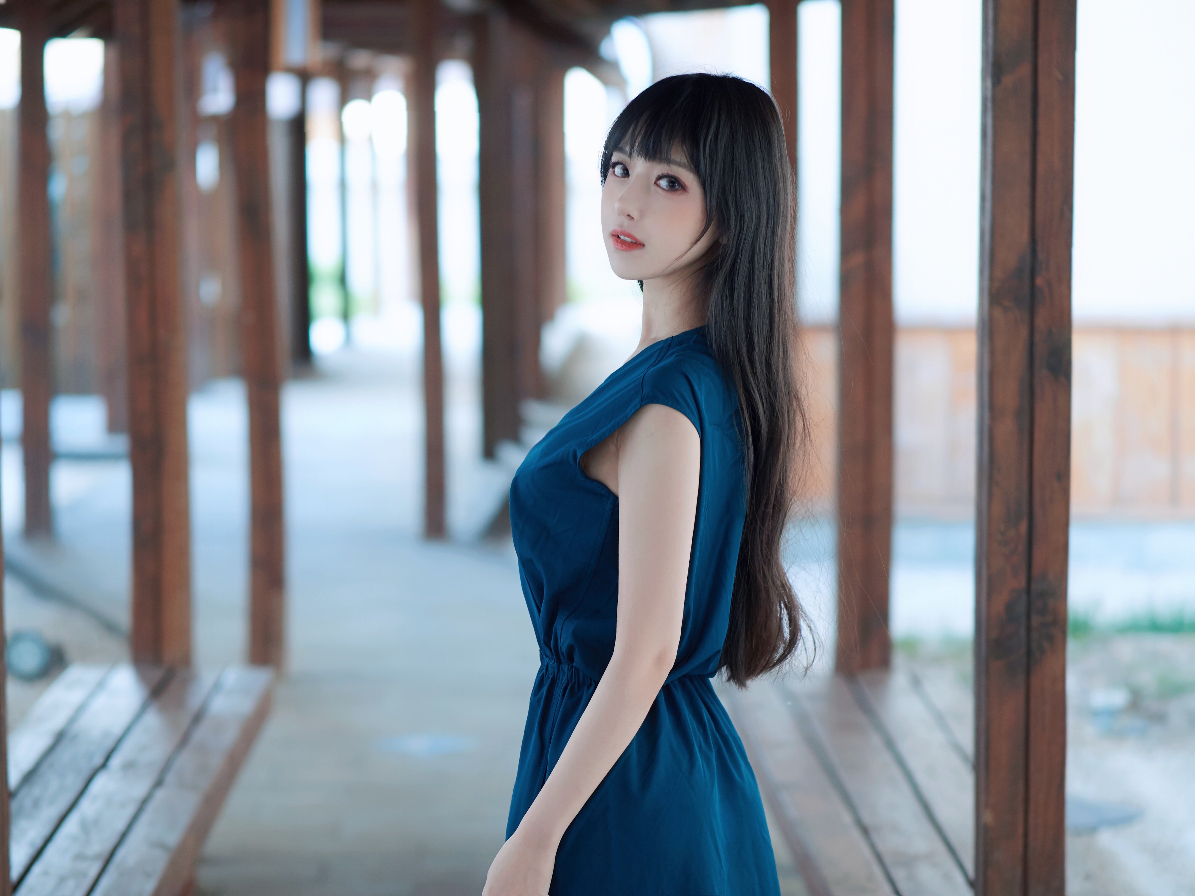 Asian Dress Outdoors Long Hair Black Hair Blue Dress Women Shika XiaoLu 4032x3024