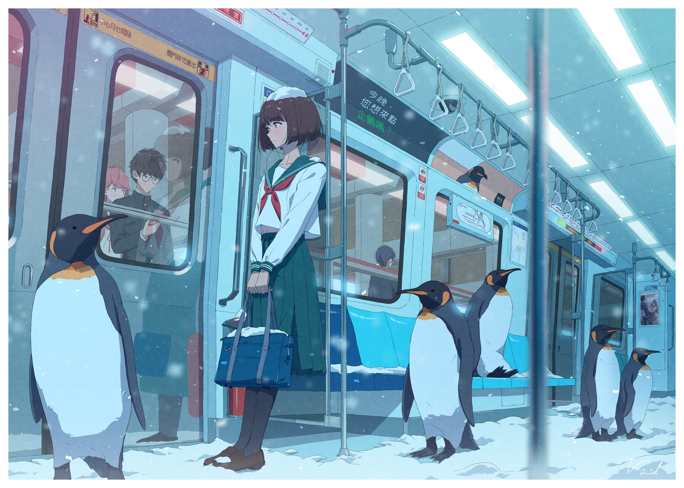 Anime Anime Girls Vivid Shih Penguins Metro Brunette Short Hair Snow Bag Sailor Uniform School Unifo 2300x1643