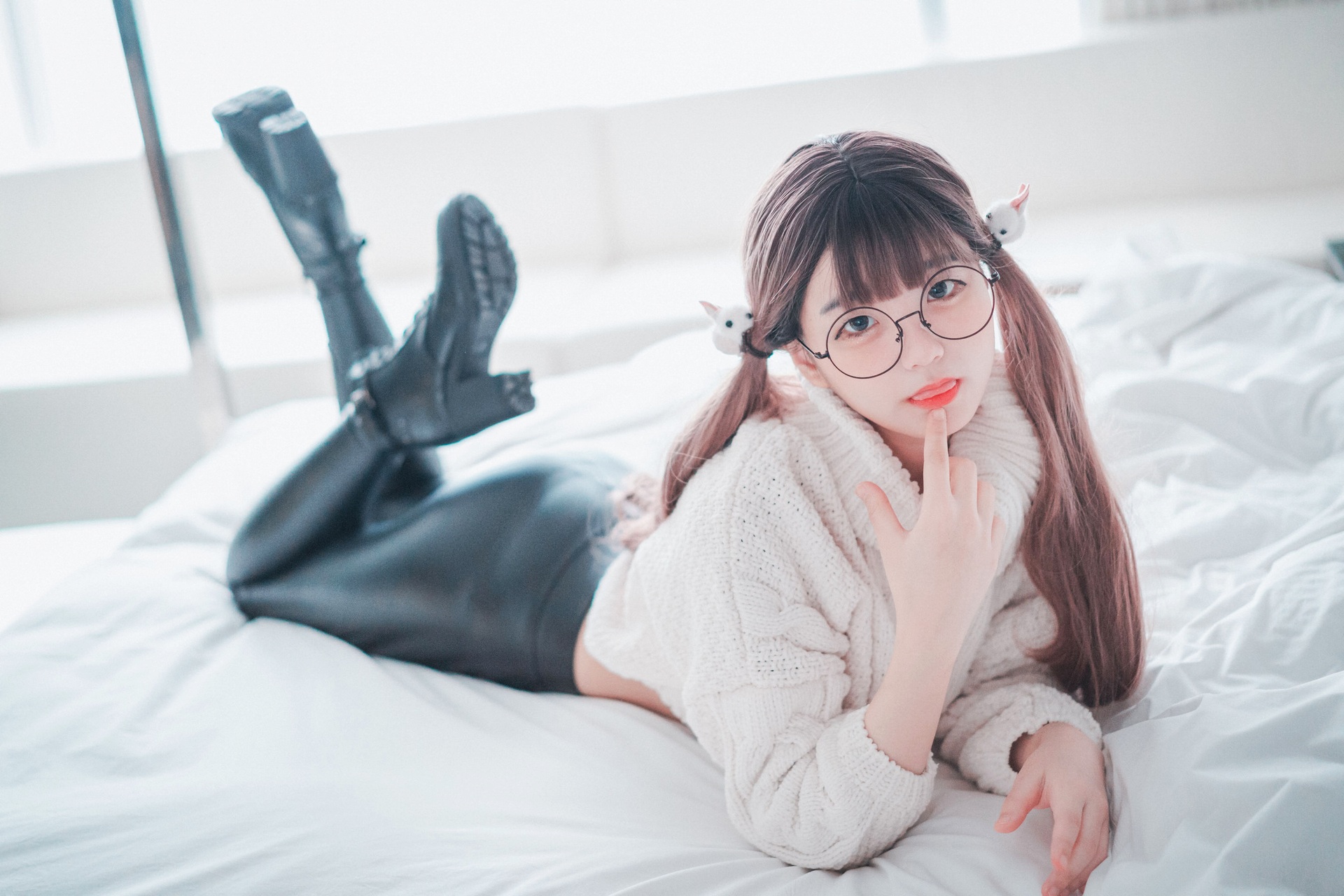 Women Model Asian Long Hair Brunette Twintails Leather Pants Black Pants Women With Glasses Tongue O 1920x1280