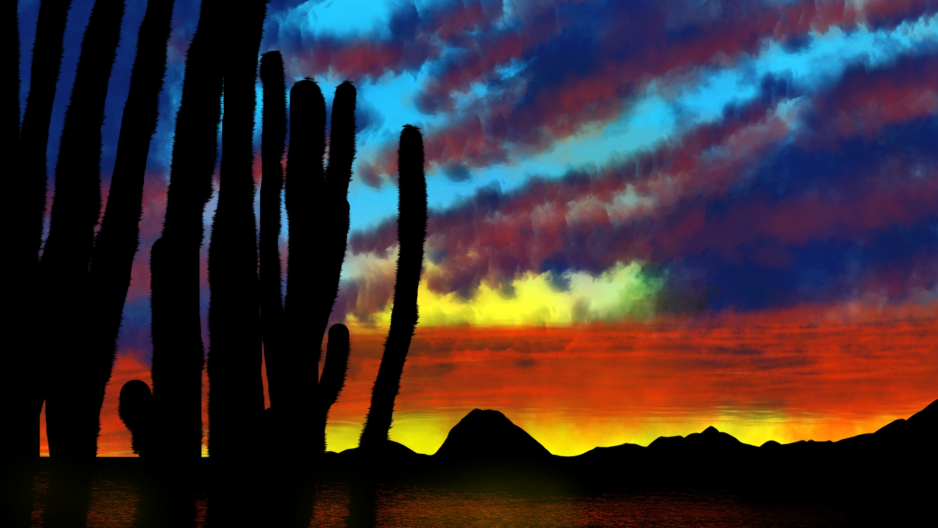 Digital Painting Digital Art Cactus Nature Skyline 1920x1080