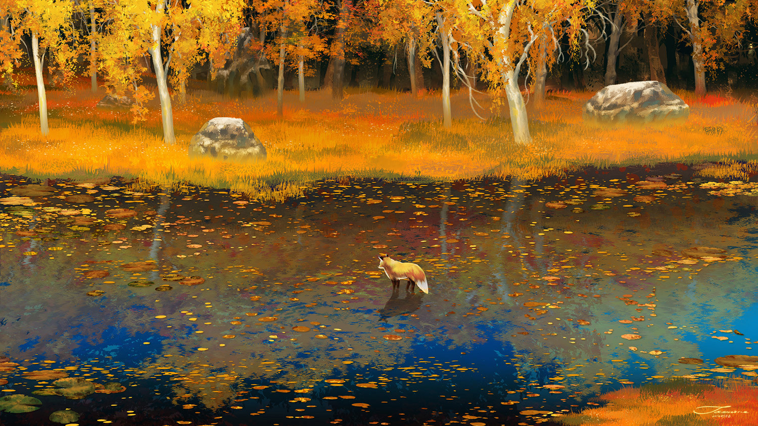 Watermother Jian Digital Art Fantasy Art Fox River Forest Fall Rocks Lily Pads 1500x844