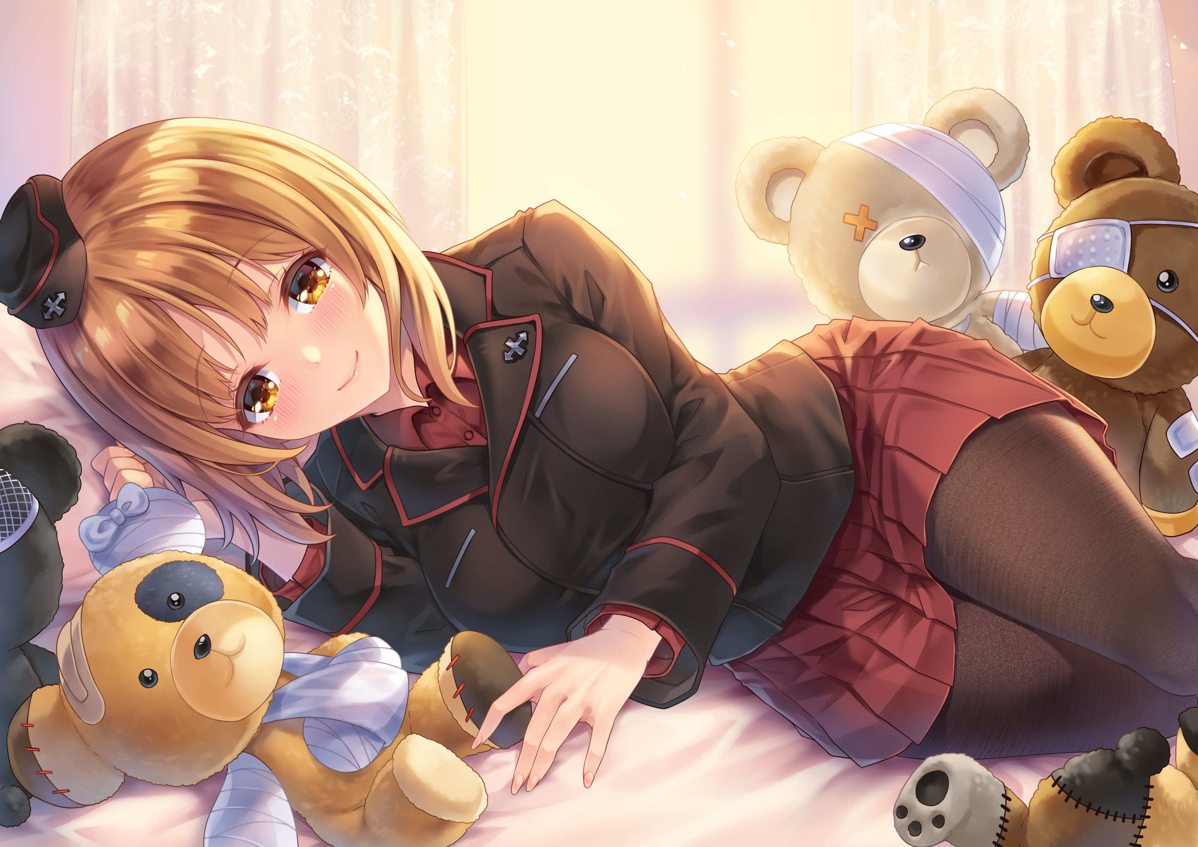 Girls Und Panzer Nishizumi Miho Anime Anime Girls Hat Plush Toy Teddy Bears Smiling Skirt Looking At 4093x2894