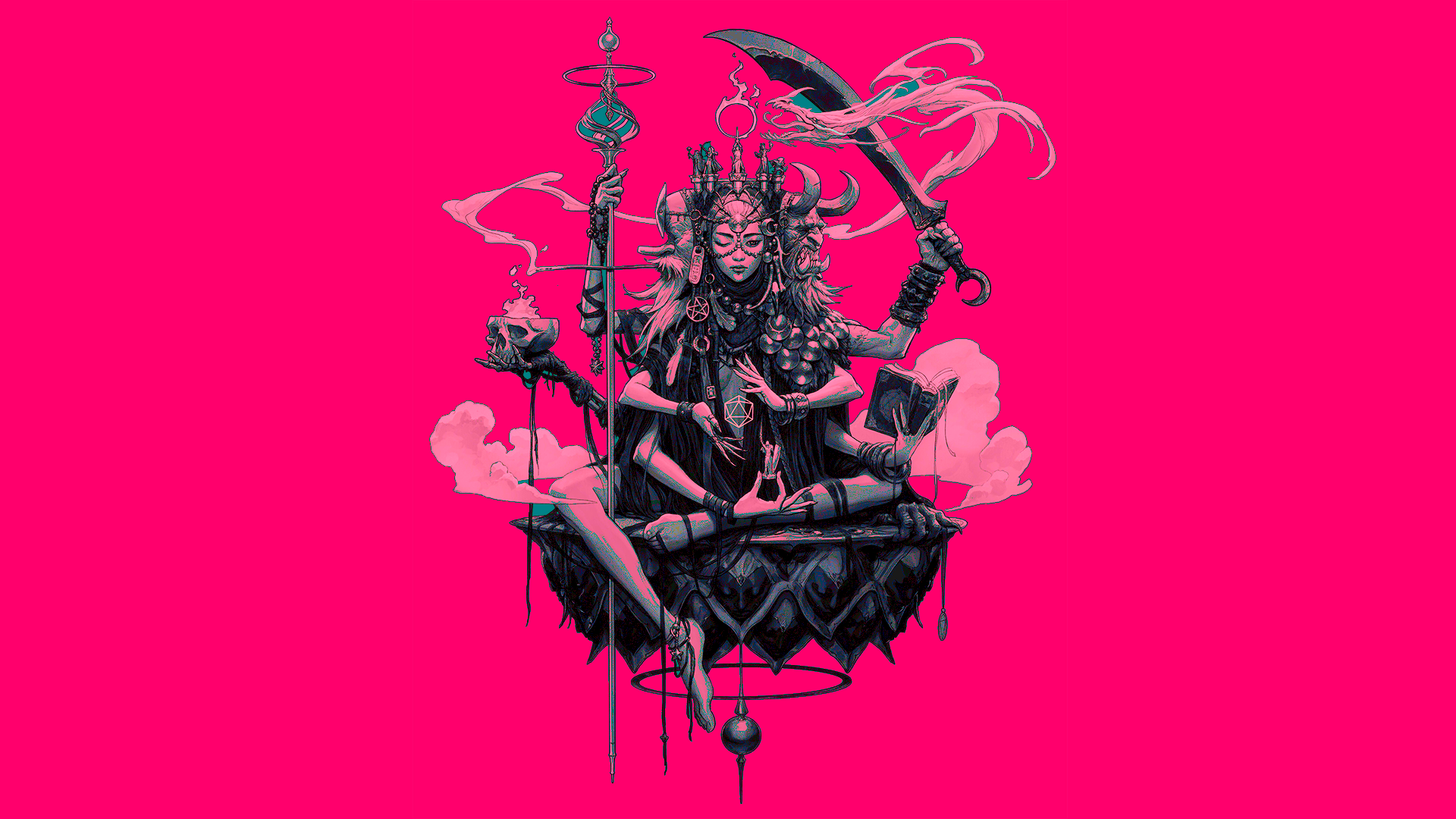 Simple Background Digital Art Sword Smoke Skull Staff Hindu Mythology Pink  Wallpaper - Resolution:1920x1080 - ID:1271471 